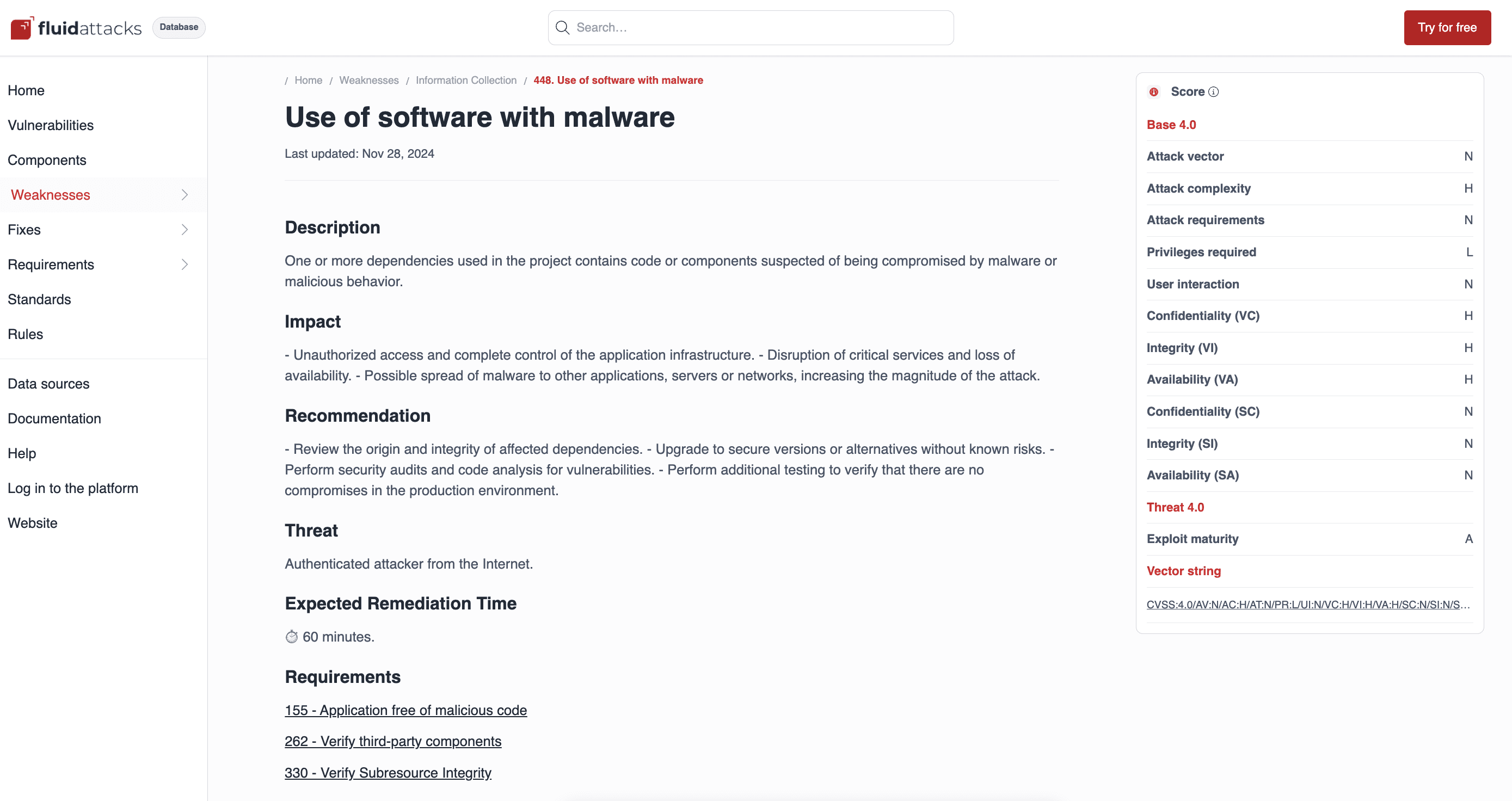 Registro do banco de dados da Fluid Attacks para uso de software com malware