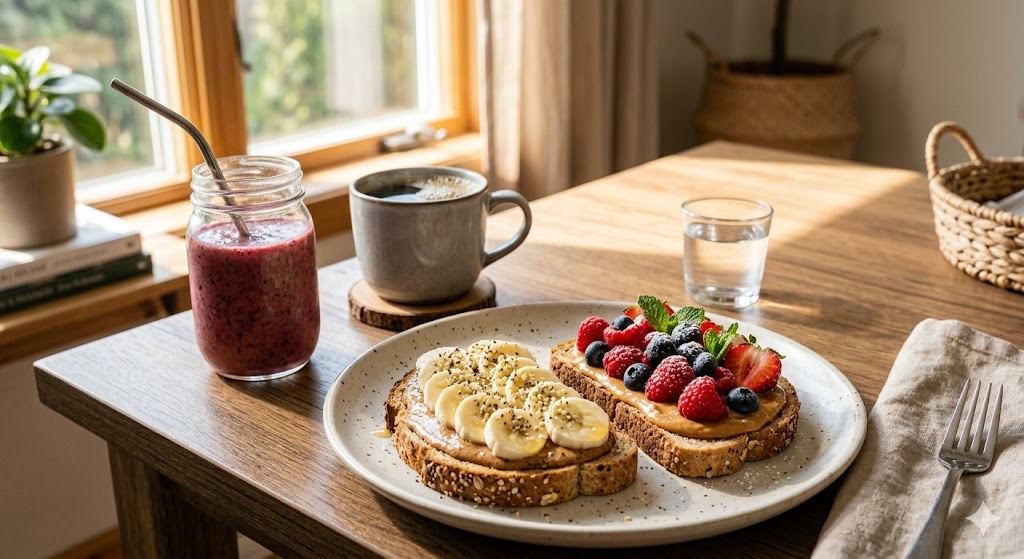A healthy breakfast table setting with whole grain toast topped with almond butter and banana slices, a fresh berry smoothie, a cup of coffee, and a glass of water, with sunlight streaming through a window.