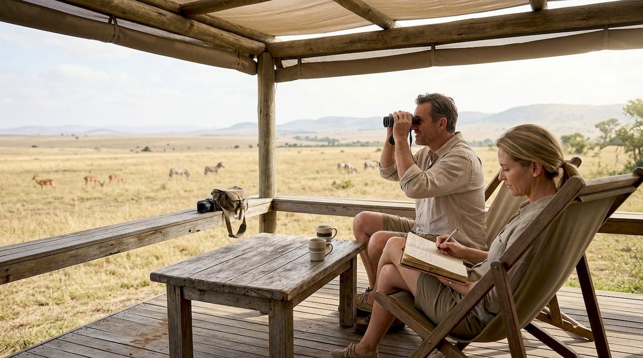 Travelers relaxing at luxury safari camp