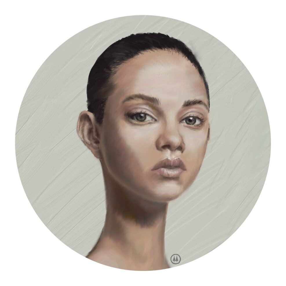 Digital painting of a 3/4 view young mixed race woman