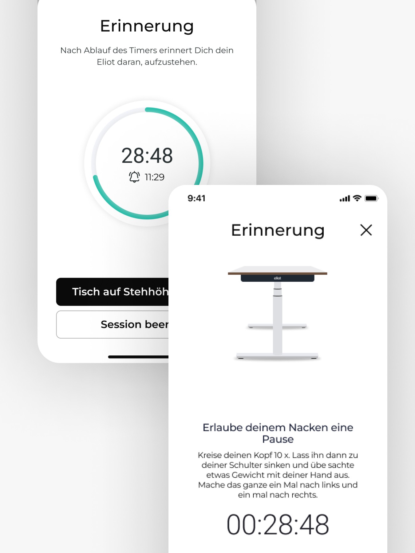 Erinnerungsfunktion einer Schreibtisch-App mit Timer und Anleitungen für Nackenübungen.