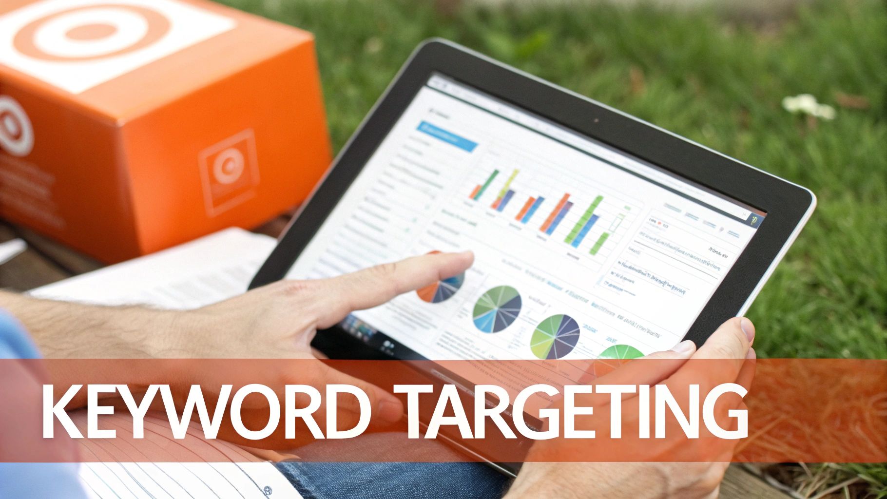 Hands interacting with a tablet displaying marketing charts and graphs, with 'KEYWORD TARGETING' text.