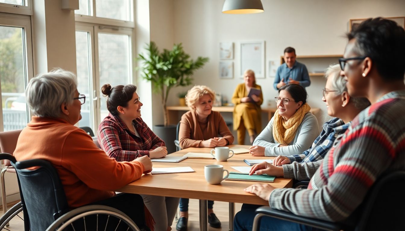 Vielfältige Erwachsenengruppe mit Behinderungen und Unterstützenden in hellem barrierefreiem Gemeinschaftsraum, diskutierend am Tisch mit Notizbüchern und Kaffee, Rollstuhl und Gebärdensprachdolmetscher im Hintergrund sichtbar