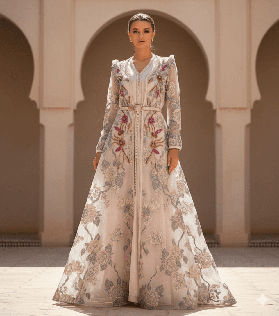A soft blush-toned caftan adorned with delicate floral embroidery. A refined piece embodying femininity and understated luxury.