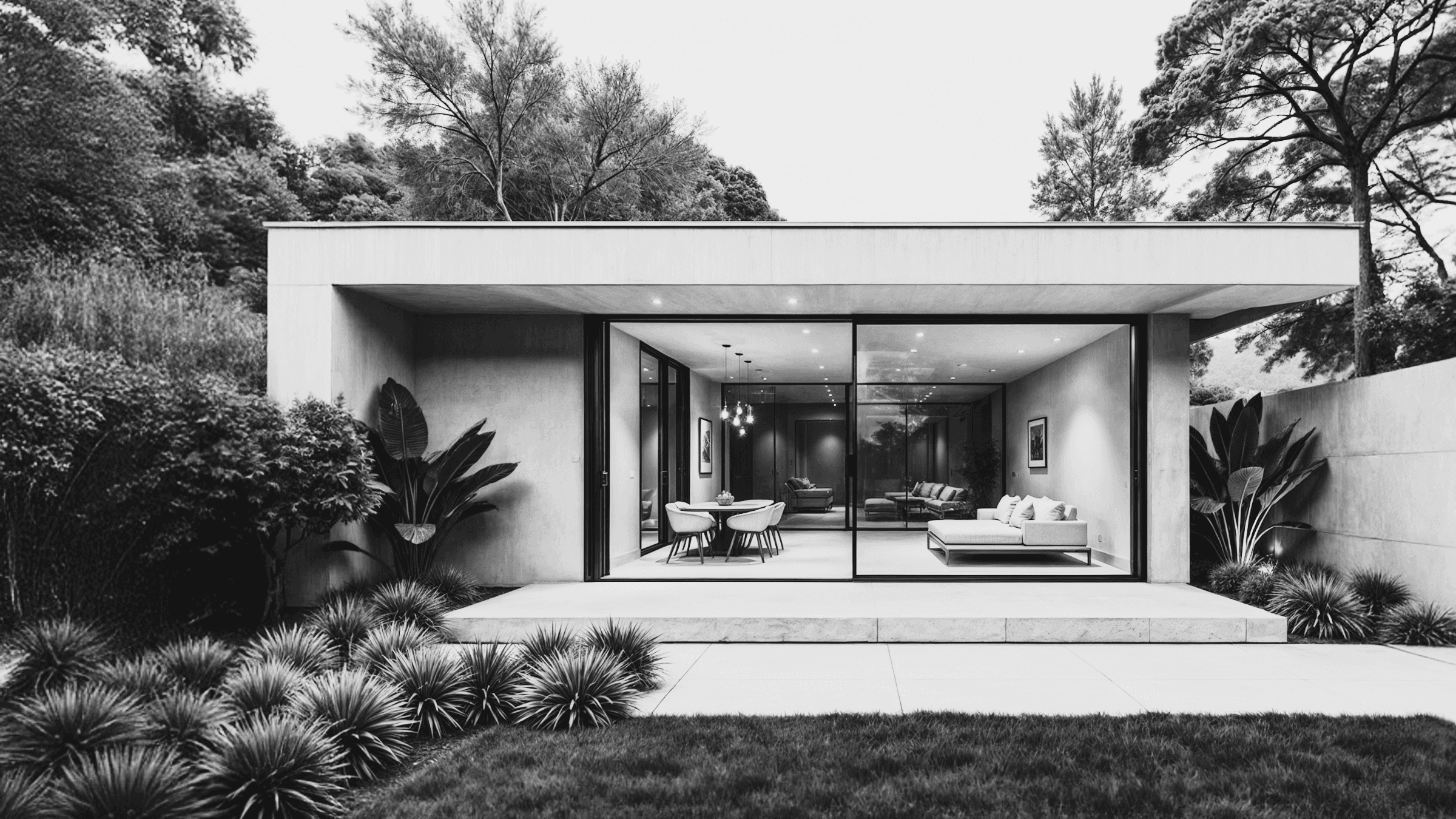 A black and white photo of a modern home exterior with large windows surrounded by greenery, illuminated warmly at dusk.
