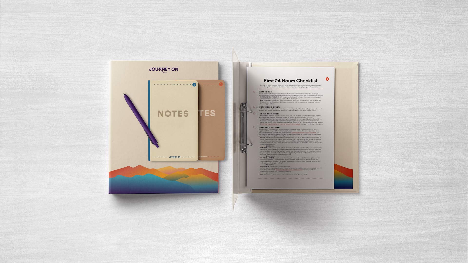 The image shows two notebooks resting on a white wooden surface. The notebook on the left is beige and features a blue pen resting on top, with the words "JOURNEY ON" and "NOTES" printed on it. The notebook on the right is white and contains a black binder clip holding an open "First 24 Hours Checklist" with checklist items including "DATE," "TIME," "PLAN," "BREAK," "LUNCH," "WORK," "MEETINGS," "TRAVEL," "EXERCISE," "BREAK," "WATER," "SNACKS," "BREAK," "WATER," "SNACKS," "BREAK," "WATER," "SNACKS," "BREAK," "WATER," "SNACKS," "BREAK," "WATER," "SNACKS," "BREAK," "WATER," "SNACKS," "BREAK," "WATER," "SNACKS," "BREAK," "WATER," "SNACKS," "BREAK," "WATER," "SNACKS," "BREAK," "WATER," "SNACKS," "BREAK," "WATER," "SNACKS," "BREAK," "WATER," "SNACKS," "BREAK," "WATER," "SNACKS," "BREAK," "WATER," "SNACKS," "BREAK," "WATER," "SNACKS," "BREAK," "WATER," "SNACKS," "BREAK," "WATER," "SNACKS," "BREAK," "WATER," "SNACKS," "BREAK," "WATER," "SNACKS," "BREAK," "WATER," "SNACKS," "BREAK," "WATER," "SNACKS," "BREAK," "WATER," "SNACKS," "BREAK," "WATER," "SNACKS," "BREAK," "WATER," "SNACKS," "BREAK," "WATER," "SNACKS," "BREAK," "WATER," "SNACKS," "BREAK," "WATER," "SNACKS," "BREAK," "WATER," "SNACKS," "BREAK," "WATER," "SNACKS," "BREAK," "WATER," "SNACKS," "BREAK," "WATER," "SNACKS," "BREAK," "WATER," "SNACKS," "BREAK," "WATER," "SNACKS," "BREAK," "WATER," "SNACKS," "BREAK," "WATER," "SNACKS," "BREAK," "WATER," "SNACKS," "BREAK," "WATER," "SNACKS," "BREAK," "WATER," "SNACKS," "BREAK," "WATER," "SNACKS," "BREAK," "WATER," "SNACKS," "BREAK," "WATER," "SNACKS," "BREAK," "WATER," "SNACKS," "BREAK," "WATER," "SNACKS," "BREAK," "WATER," "SNACKS," "BREAK," "WATER," "SNACKS," "BREAK," "WATER," "SNACKS," "BREAK," "WATER," "SNACKS," "BREAK," "WATER," "SNACKS," "BREAK," "WATER," "SNACKS," "BREAK," "WATER," "SNACKS," "BREAK," "WATER," "SNACKS," "BREAK," "WATER," "SNACKS," "BREAK," "WATER," "SNACKS," "BREAK," "WATER," "SNACKS," "BREAK," "WATER," "SNACKS," "BREAK," "WATER," "SNACKS," "BREAK," "W