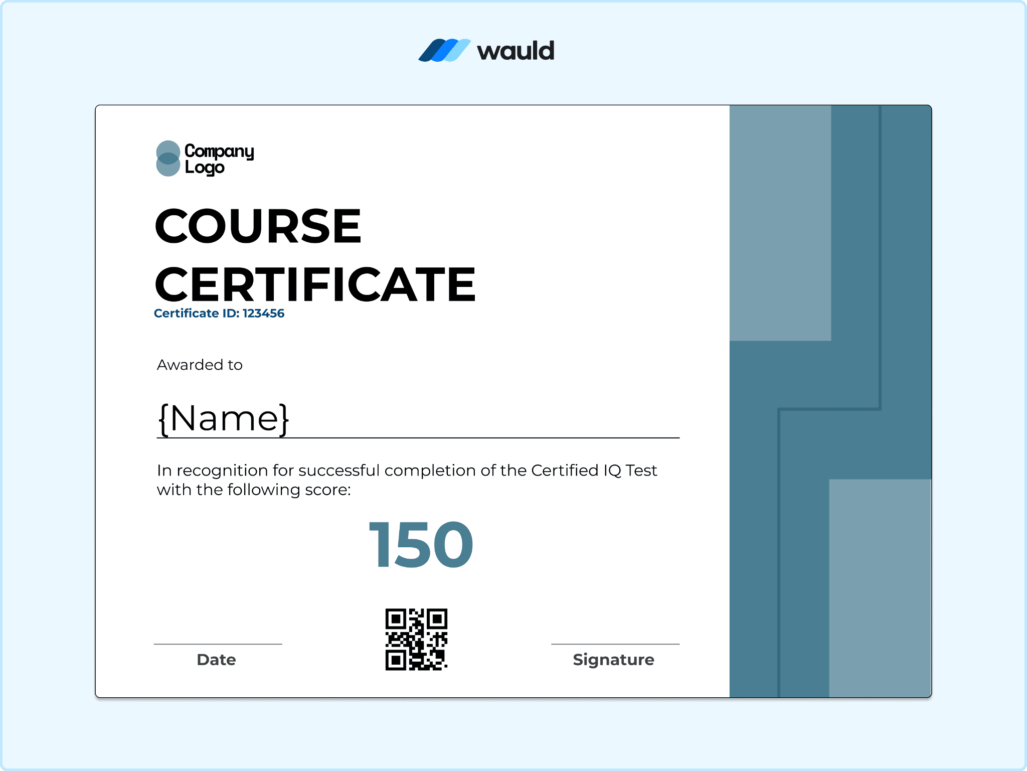Blue-grey geometric course certificate template with score field