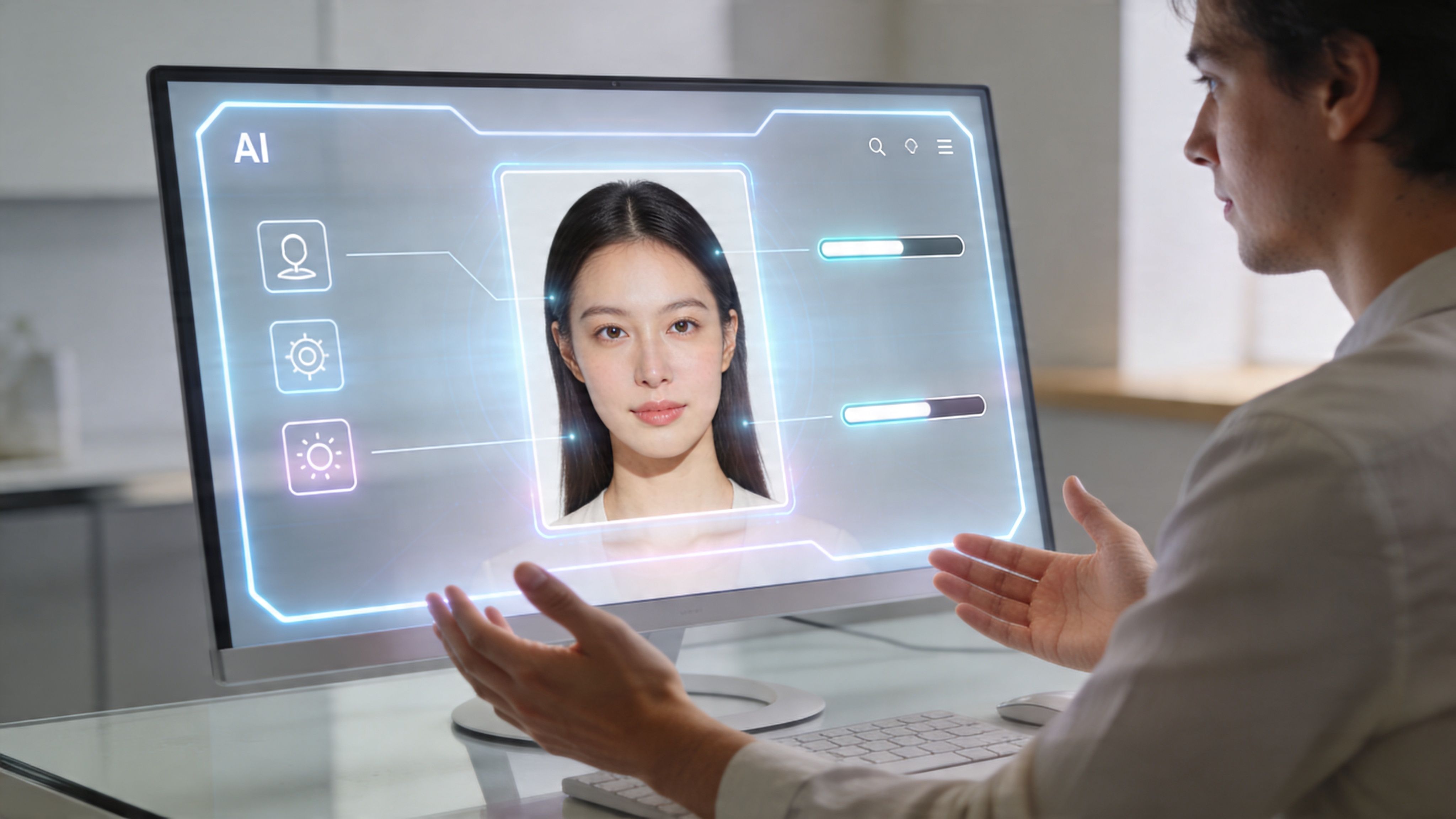 Ein Mann nutzt KI-Software an einem Computerbildschirm, um ein professionelles Profilfoto für soziale Medien zu bearbeiten.
