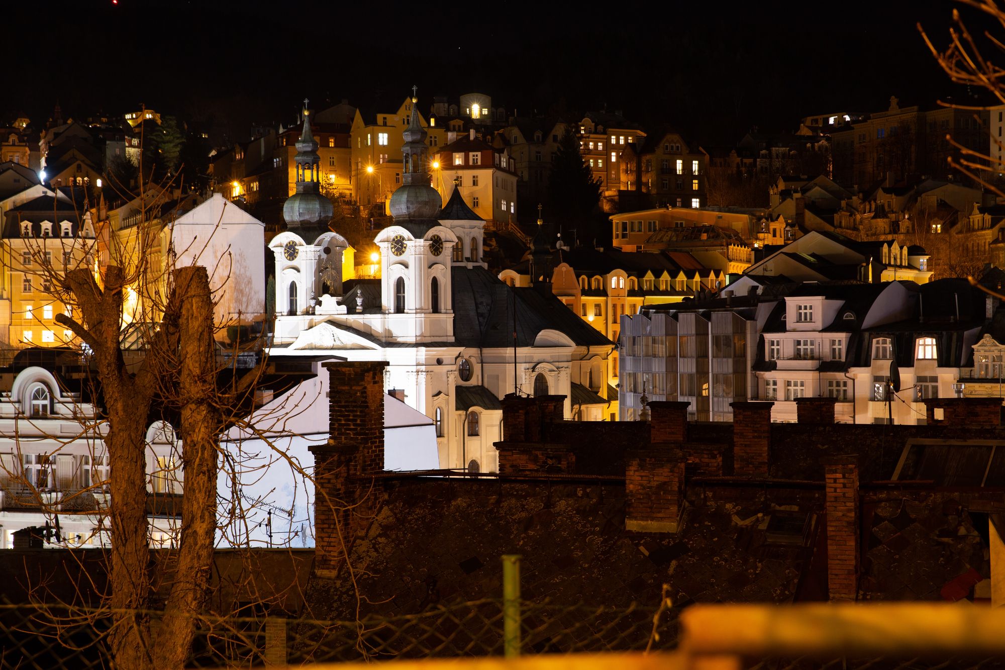 Historic buildings at night in Karlovy Vary