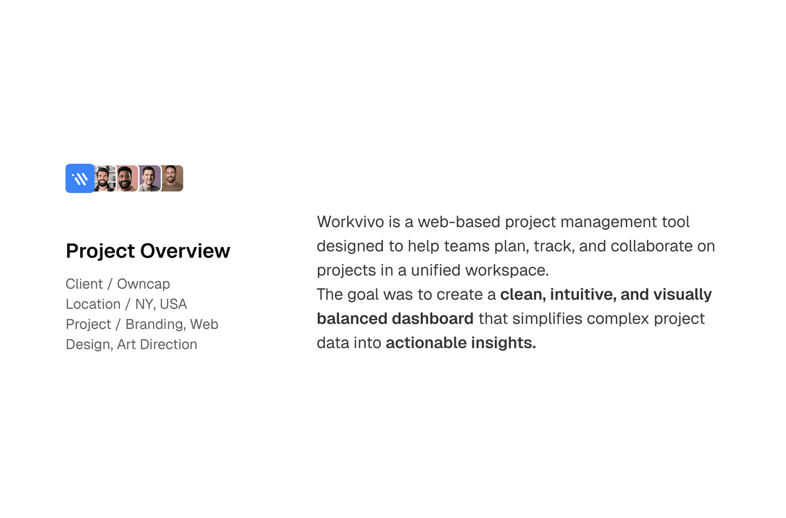 Workvivo project overview with description, client details, and product summary.