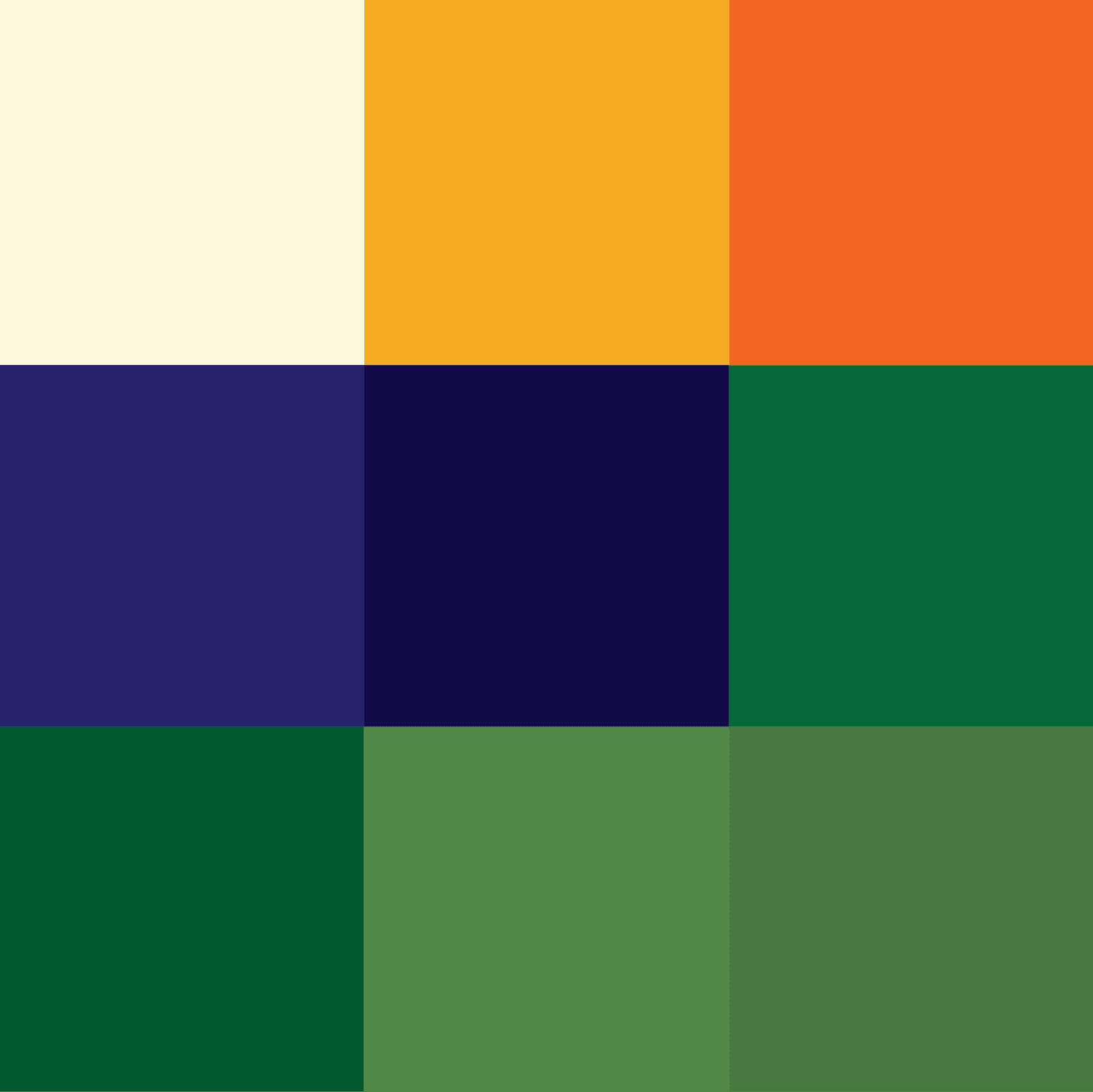 Still Dawn brand palette shown in a three-by-three grid of cream, yellow, orange, navy, purple, and green tones.