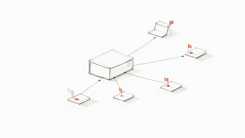 A hand-drawn sketch illustrating a central server or hub connected to multiple flag-marked devices and a laptop.