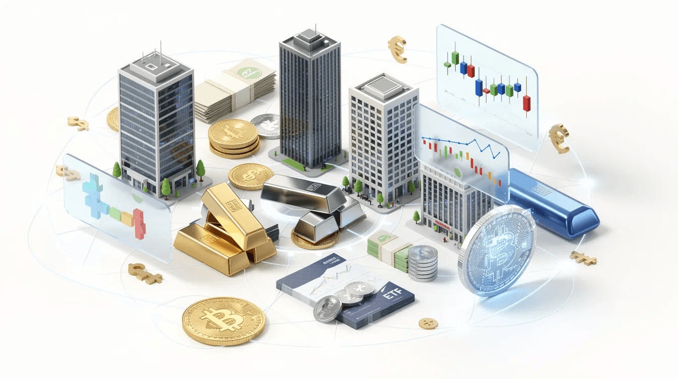 The image showcases a diverse collection of investment assets, including stylized buildings, dynamic charts, and various financial symbols, representing comprehensive wealth management strategies. This visual emphasizes the importance of effective asset allocation and financial planning in achieving long-term outcomes for clients.