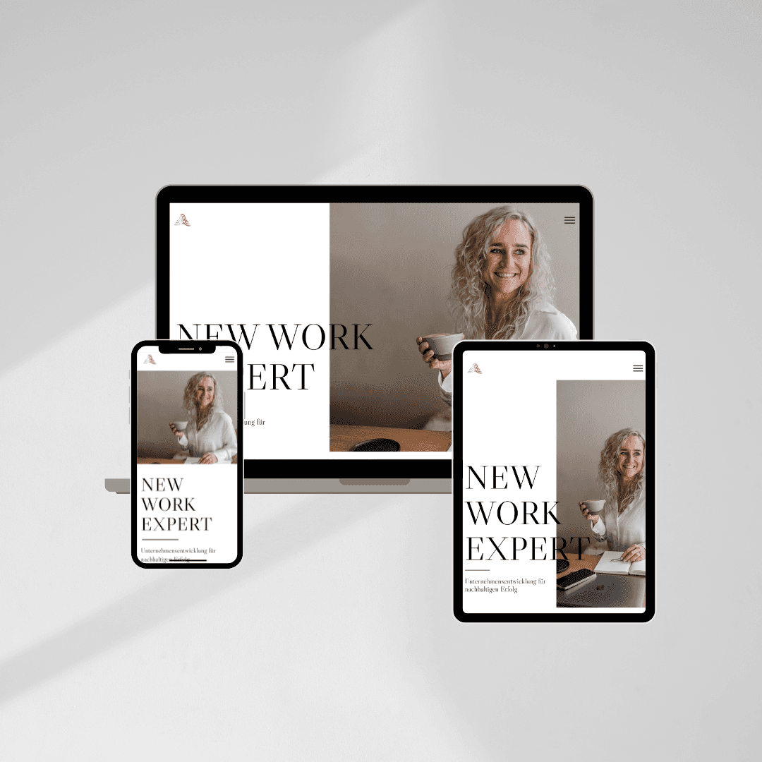 Mockup einer von OHNORD website studio designten Website für NEW WORK, sichtbar auf 3 Devices, Mobil, Tablet und Laptop vor hellem Hintergrund