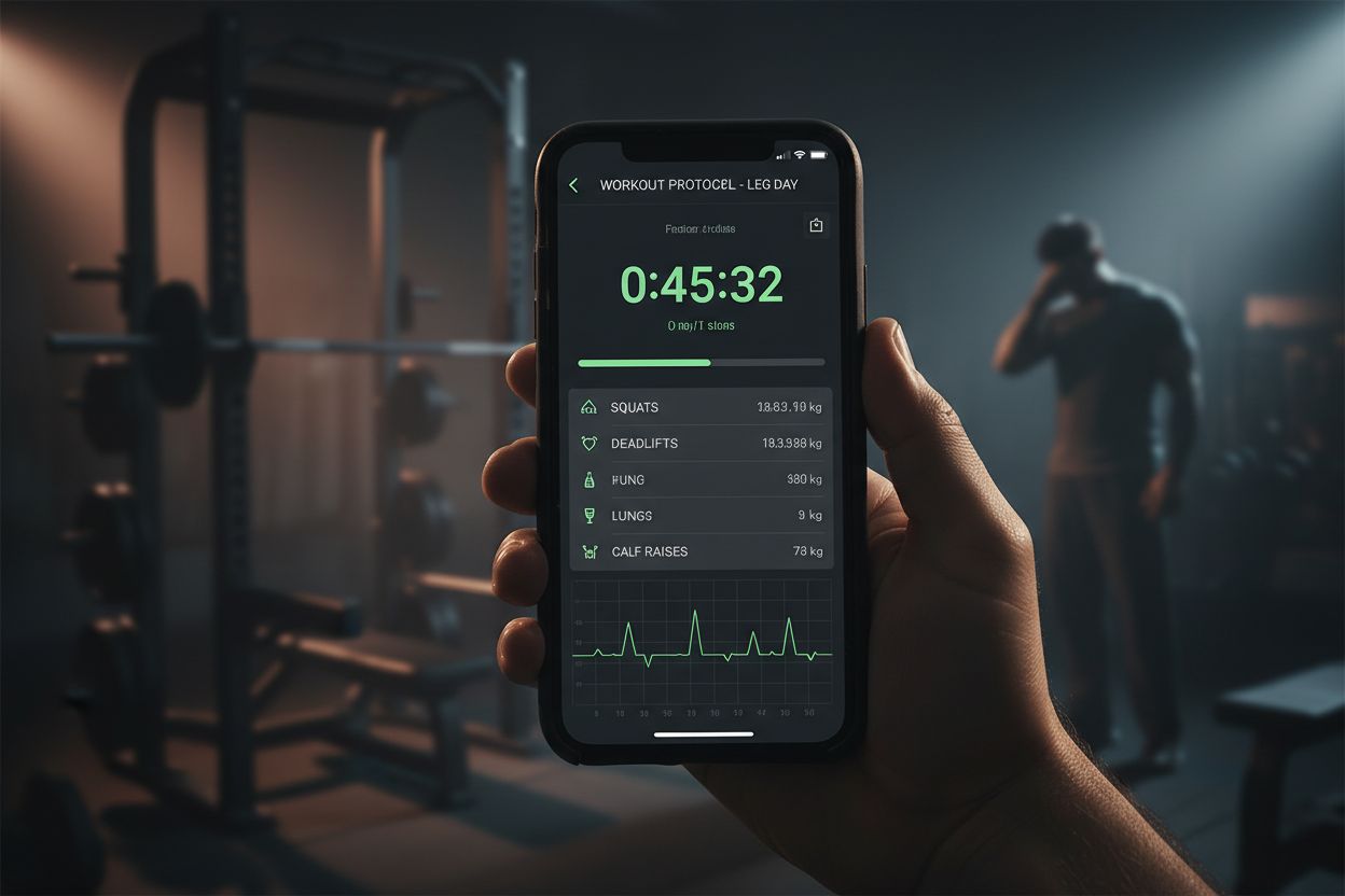 Detailed workout tracker app on phone in gym