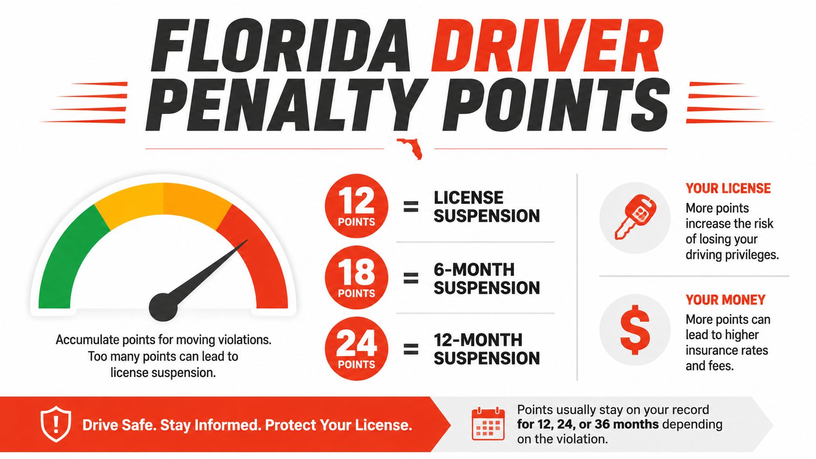 A graphic explaining the Florida driver penalty points system and how it affects your license and insurance costs.