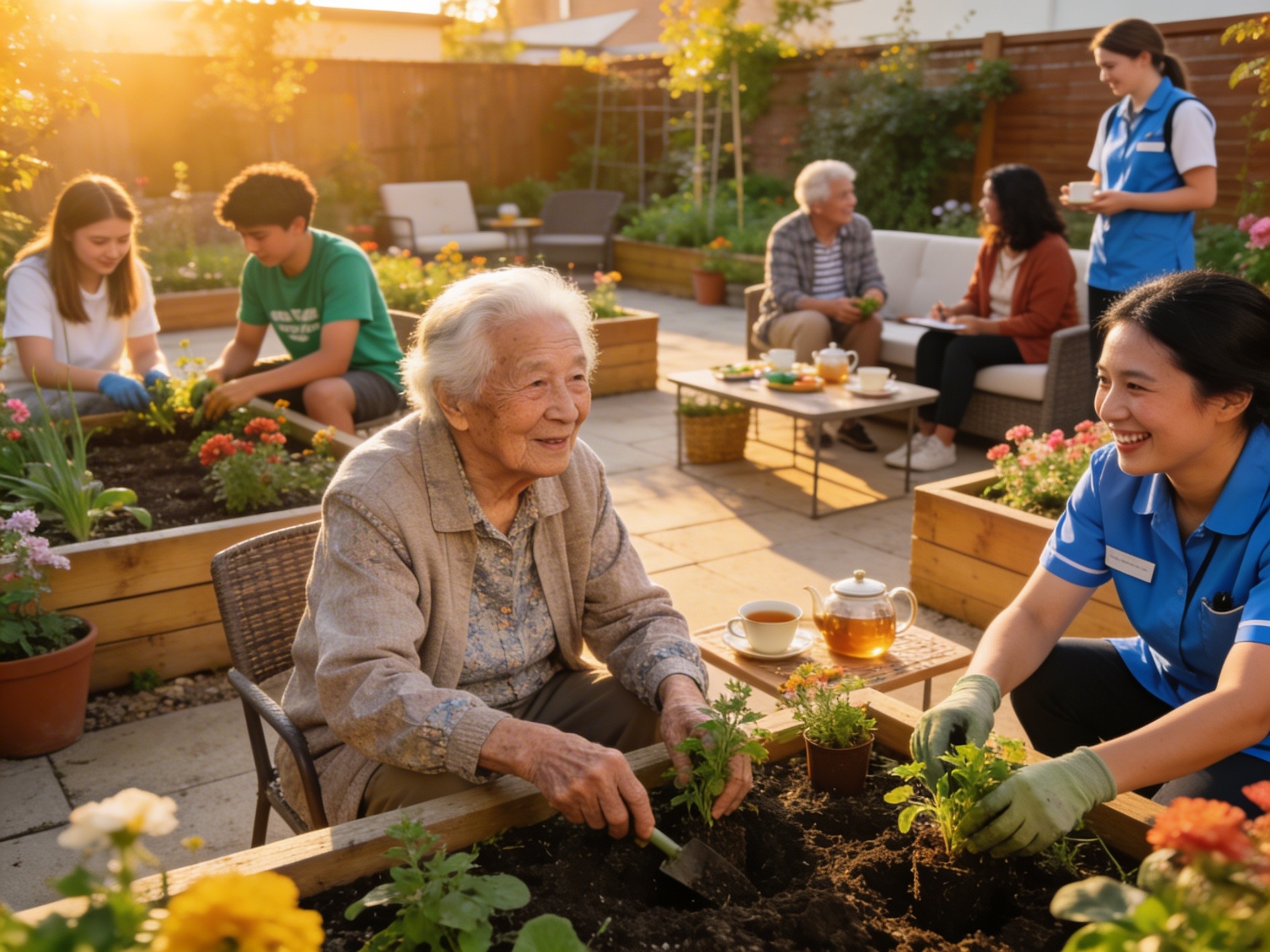 Vibrant community gathering space with elderly residents, volunteers of various ages, care professionals working collaboratively, garden or common area setting, emphasis on relationships and mutual support rather than institutional service delivery