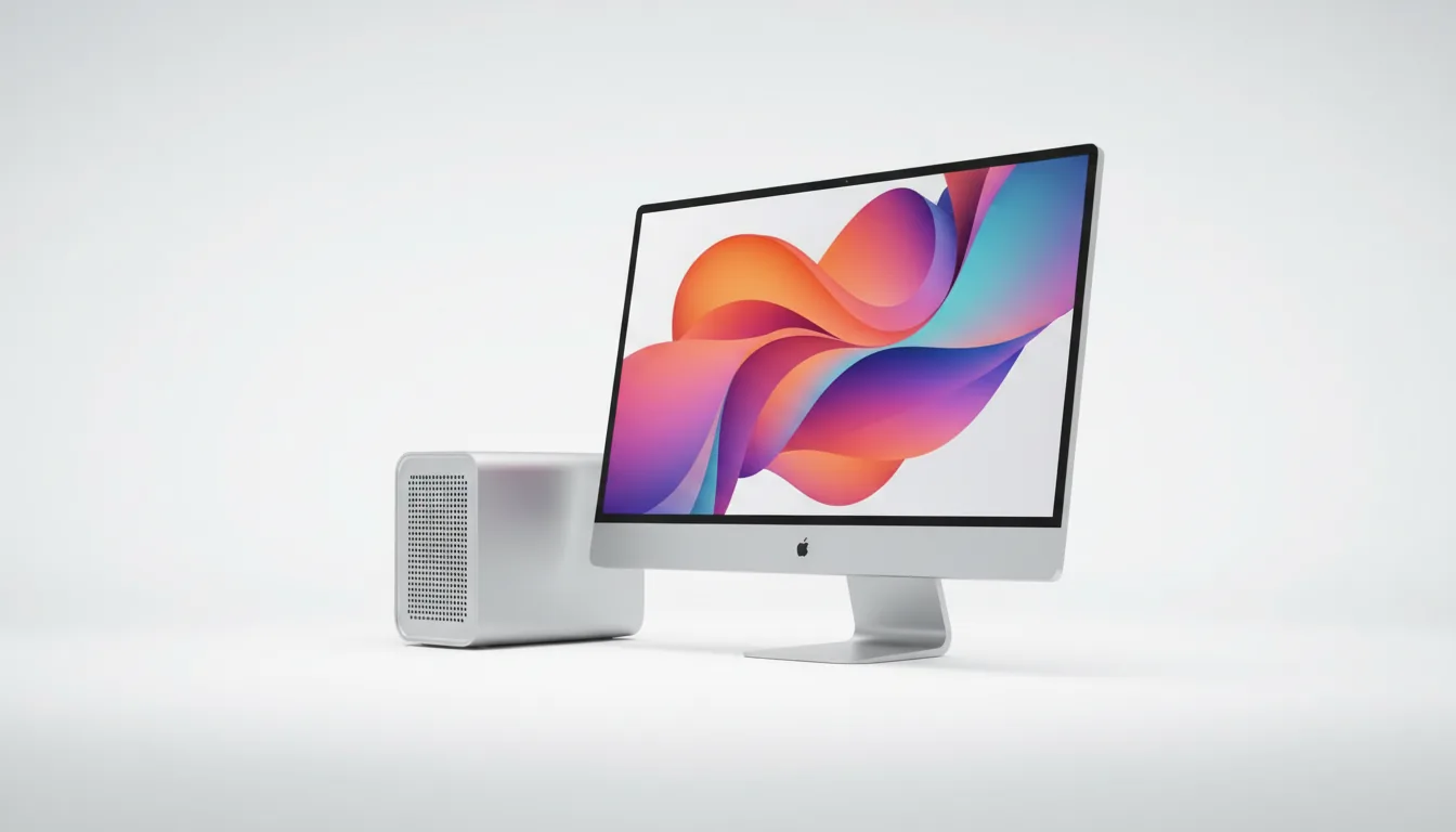 Hyper-realistic studio product shot of an Apple Mac Studio and an Apple Pro Display XDR, both in silver aluminum, presented side-by-side on a pure white, seamless background. The scene is illuminated by soft studio lighting, creating a clean, high-key look. The monitor screen is on, displaying a vibrant, abstract graphic of layered, curled, ribbon-like forms with smooth color gradients of orange, magenta, purple, and cyan. DSLR shot, extremely high detail, tack sharp focus.