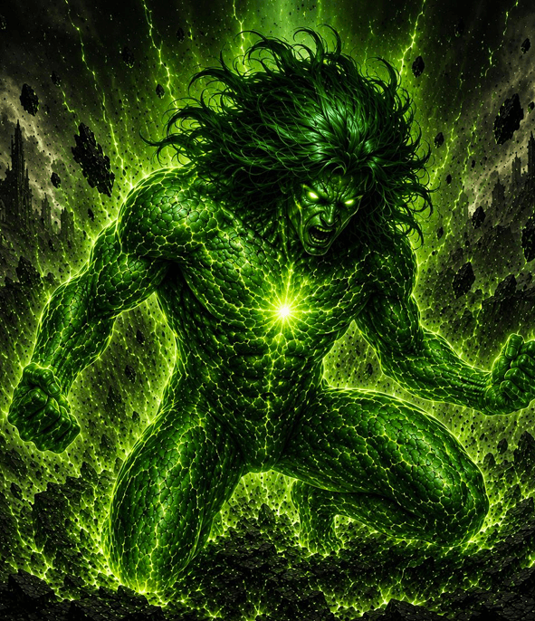 Cosmic Superhero: a glowing green figure with scaled skin roars, a bright light at its chest