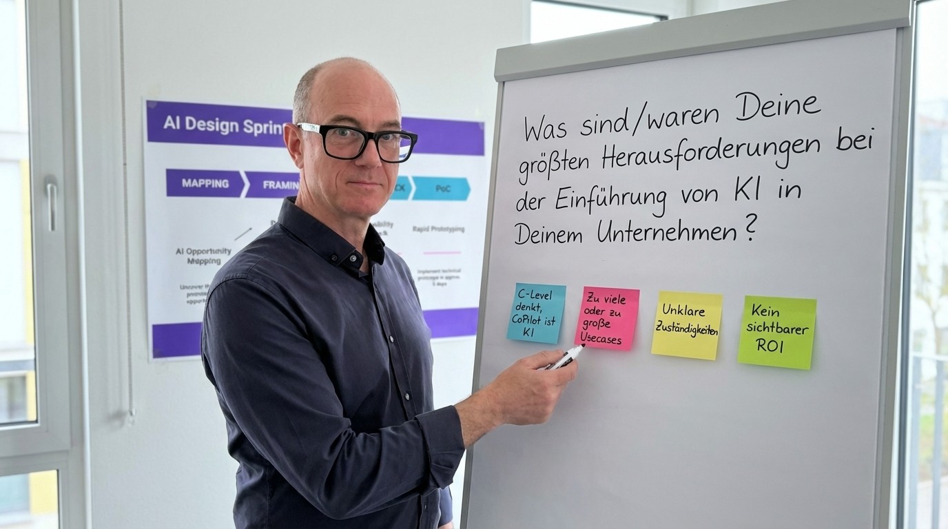 David in front of a Flipchart describing challenges about AI