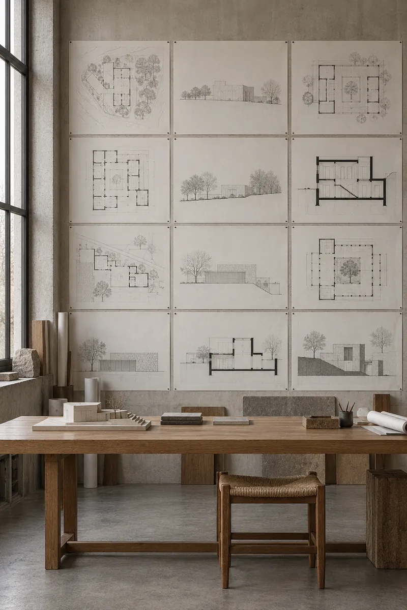 A studio wall pinned with black and white plan and section drawings above a long oak table