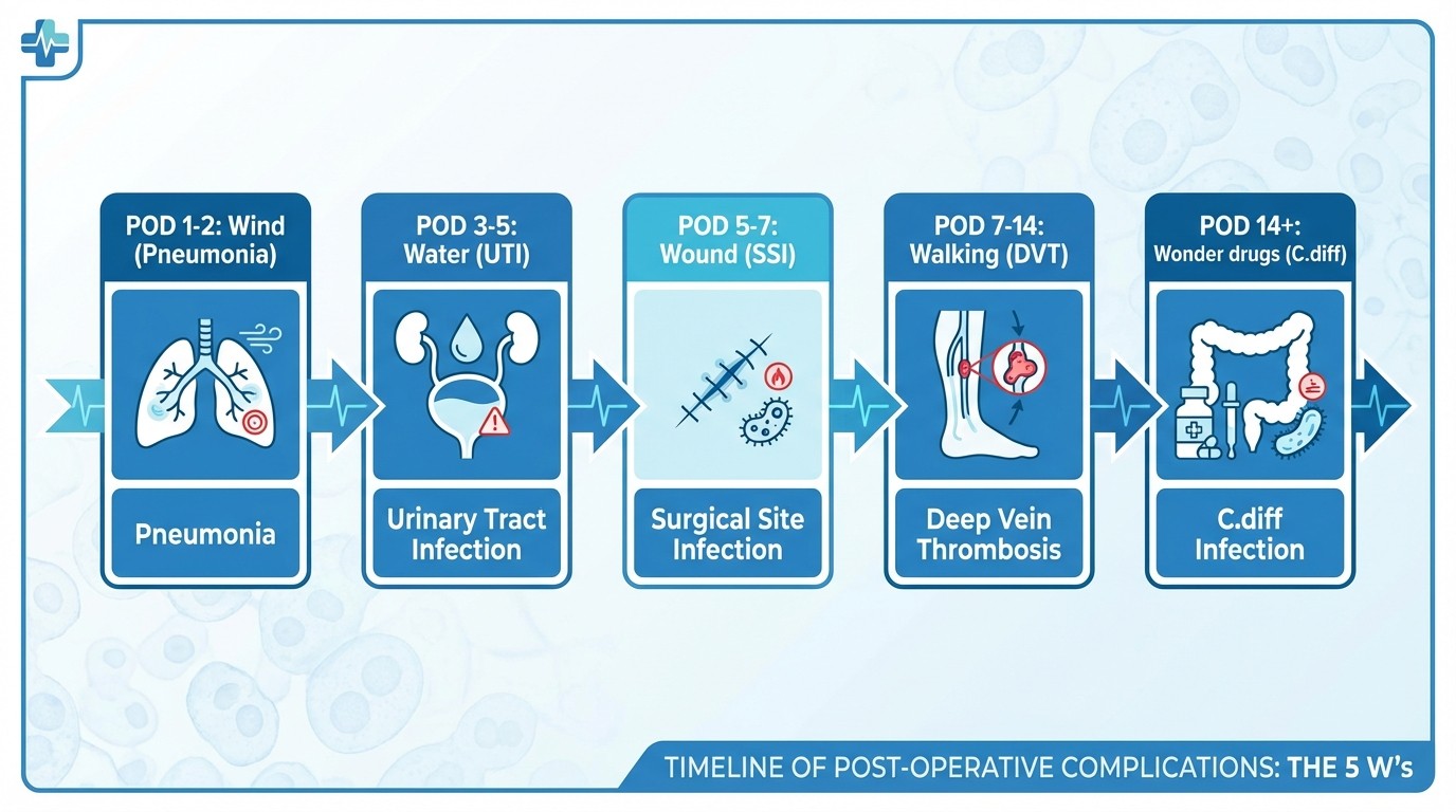 Post-operative complications timeline - Wind Water Wound Walking Wonder drugs mnemonic for USMLE Step 2 CK surgery