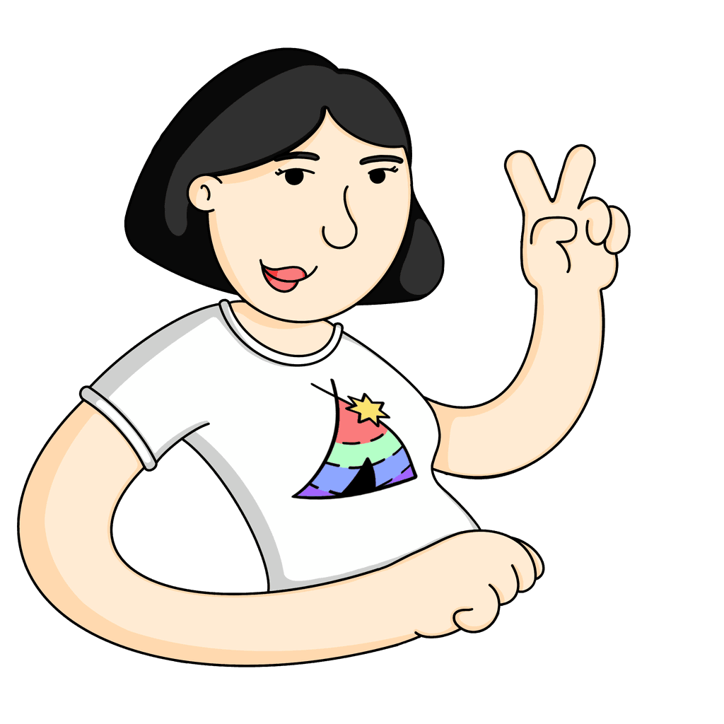 Ilustración de Lorena Ramos con sonrisa ligera y haciendo el símbolo de la victoria con una mano. En la camiseta se muestra el logo de Figma Camp. El estilo es caricaturesco, sencillo y con líneas suaves. Realizada por Carlos Moreno.