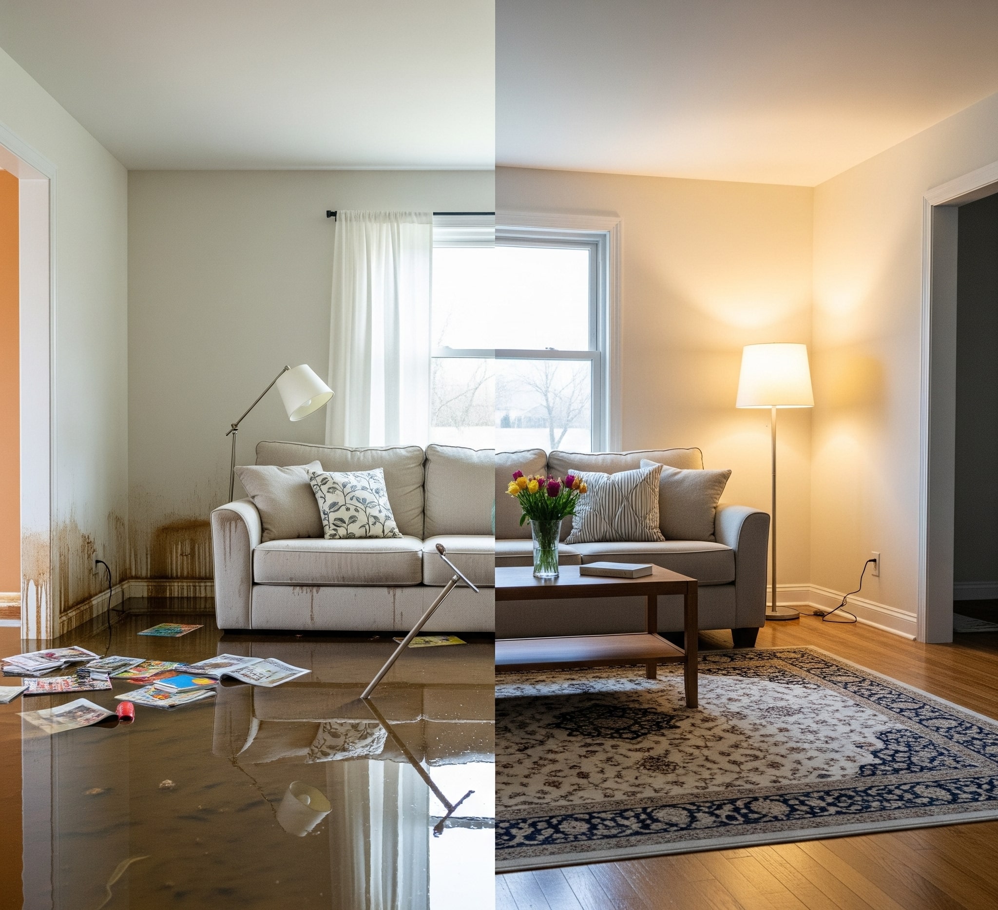 Before-and-after water damage restoration in a McMinnville living room