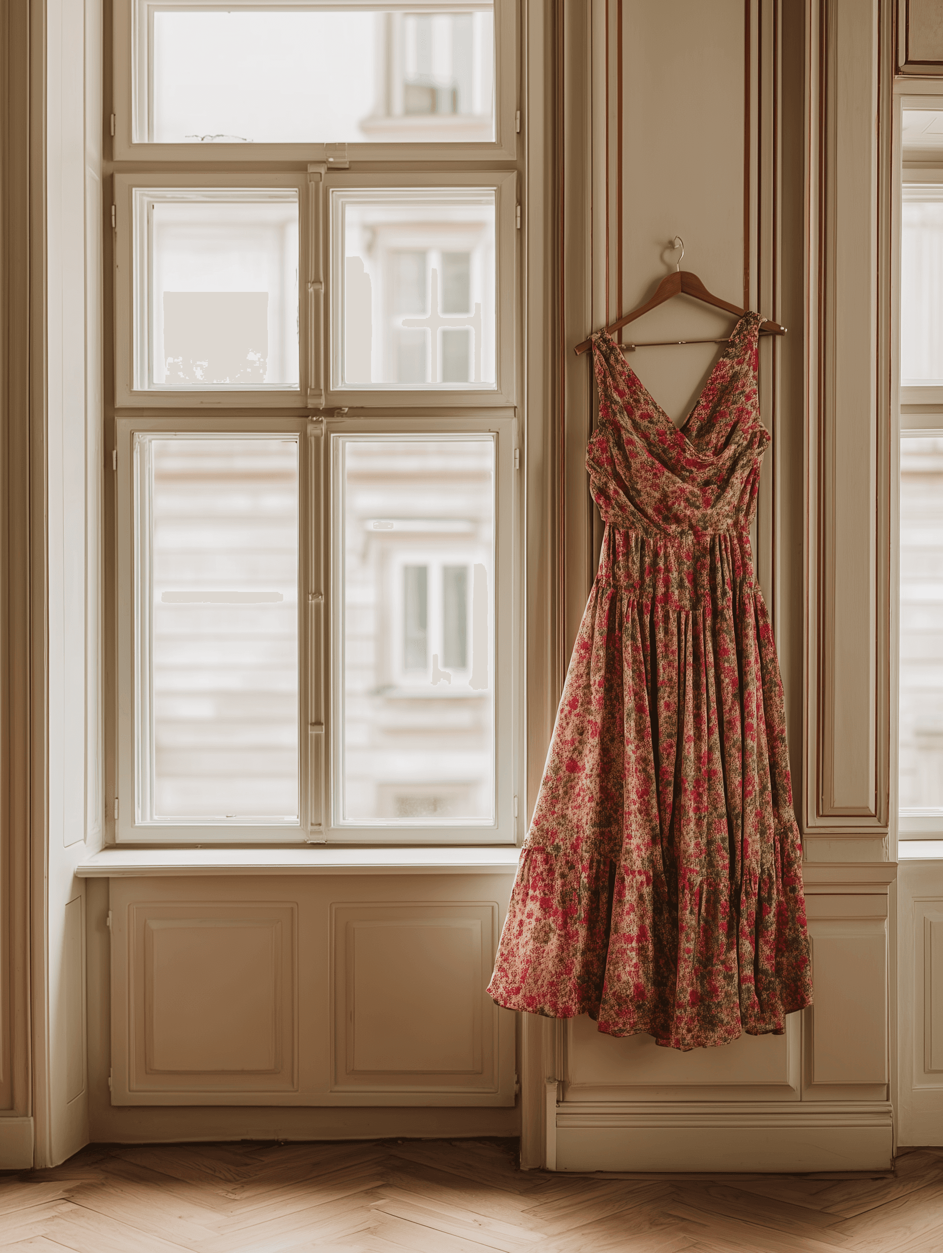 Floral summer dress on a wooden hanger by a window