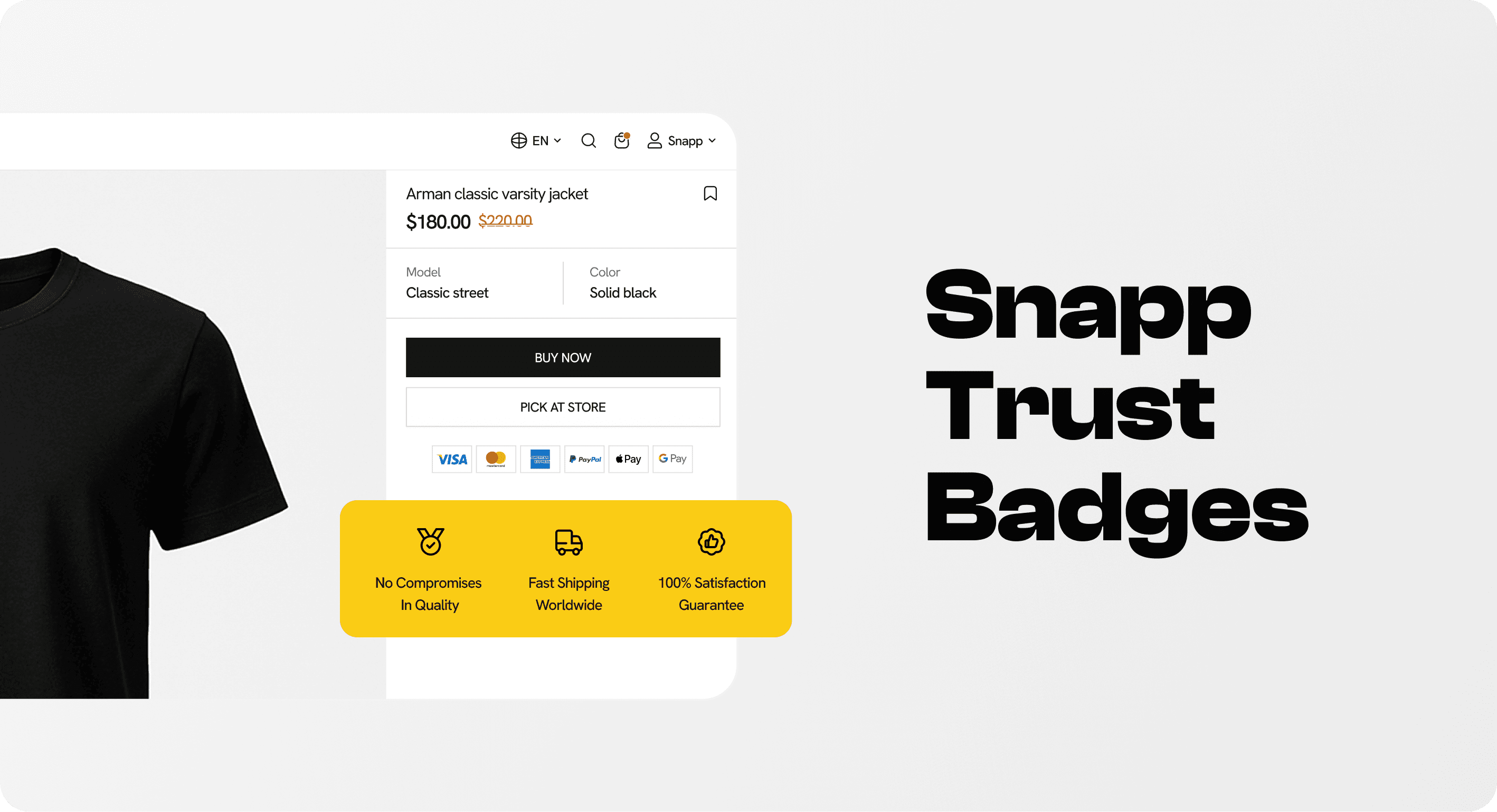 Snapp trust badges displayed below the purchase buttons on a Shopify product page