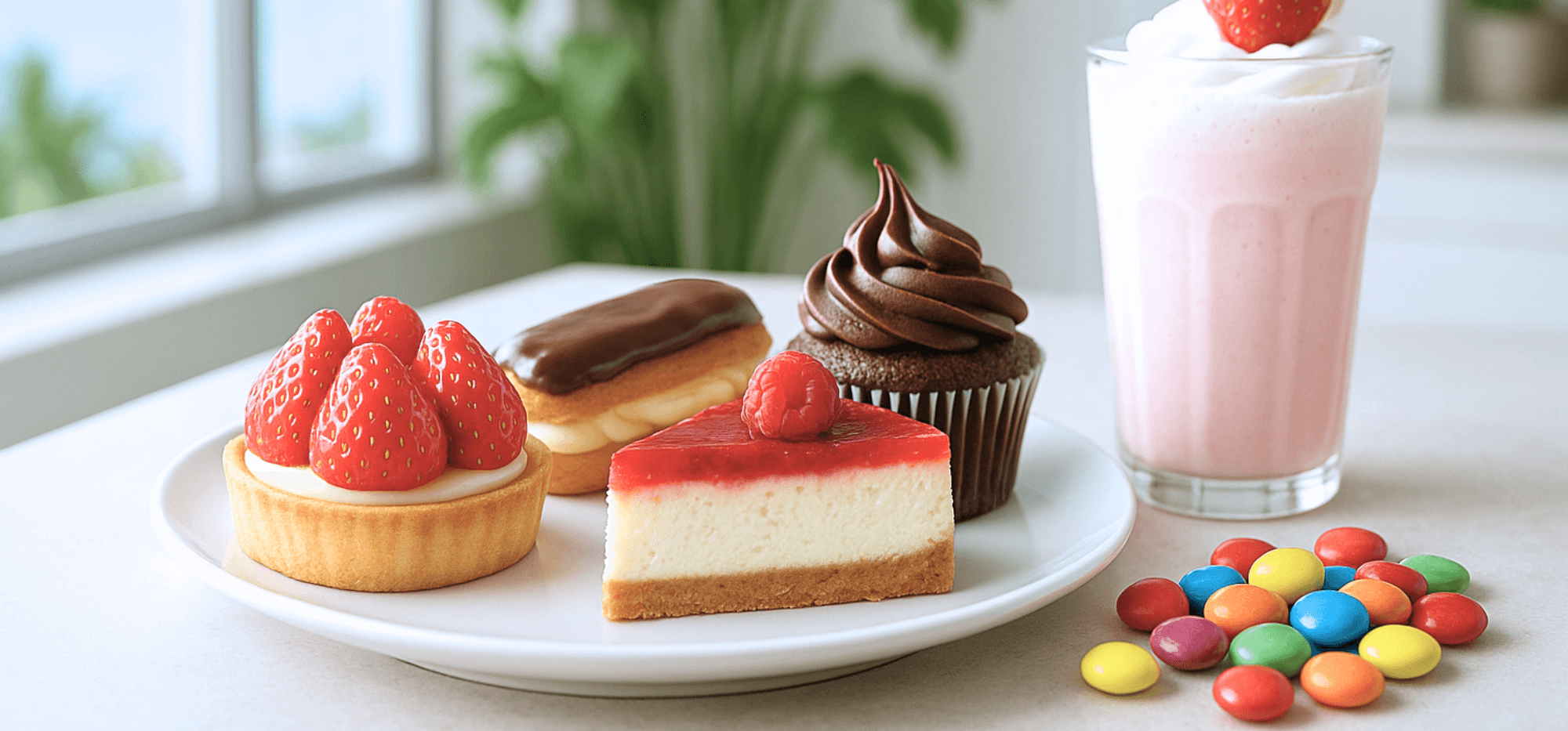 A plate full of strawberry cupcakes, chocolairs, cheesecake and a strawberry milkshake standing next to it on a table