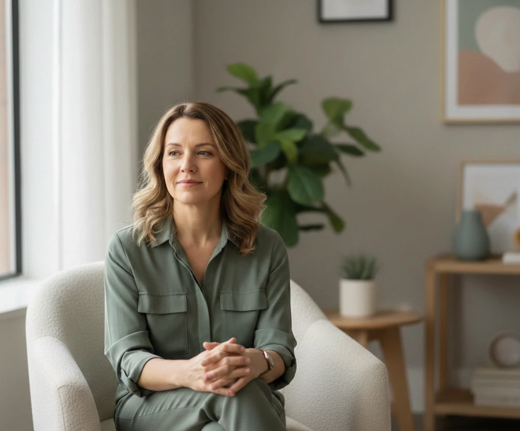 Woman in a sage green shirt sitting thoughtfully in a white armchair in a modern room.