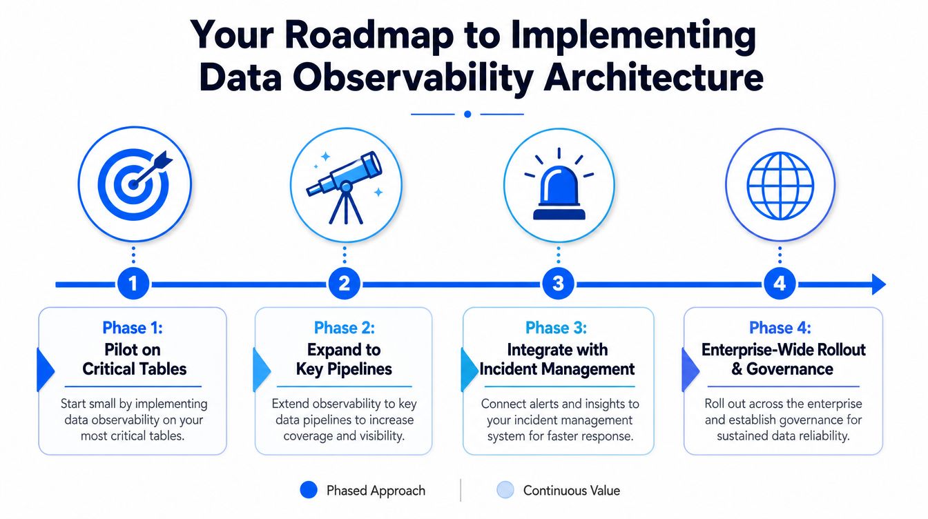 A four-phase roadmap chart illustrating the steps to implement a data observability architecture in an enterprise.