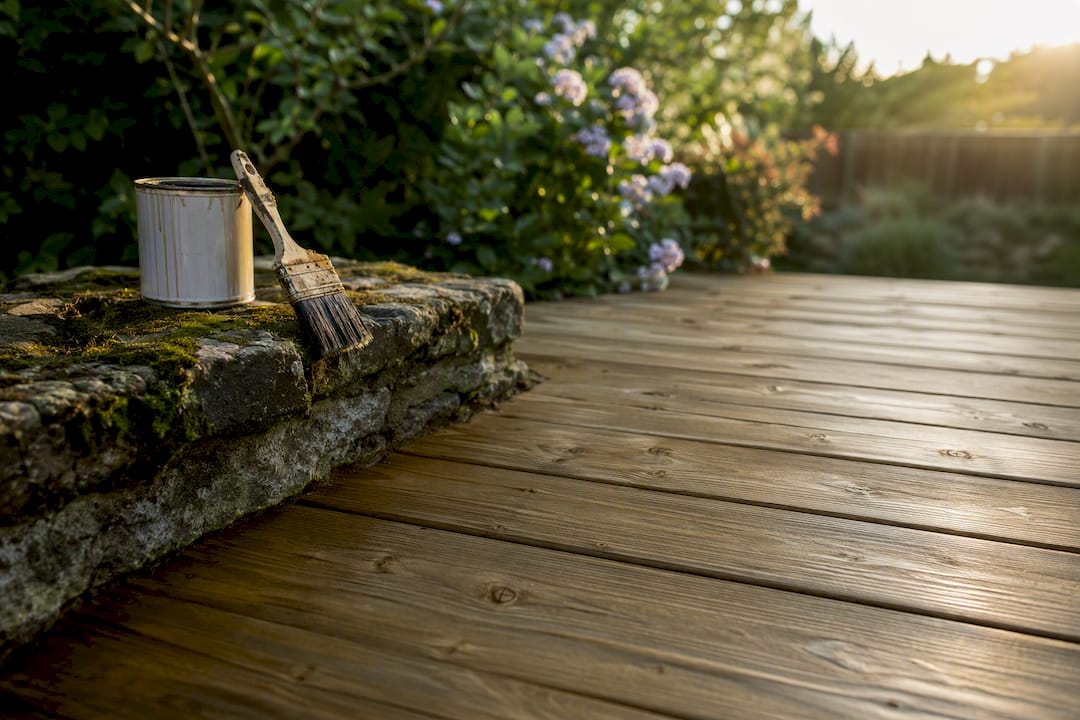 Close-up of pressure-treated wood decking and preservative tools