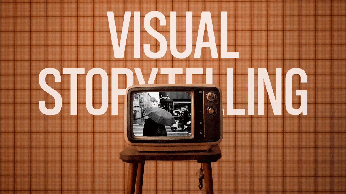 Text reads "VISUAL STORYTELLING" beside a vintage TV on a wooden stand against a textured background.