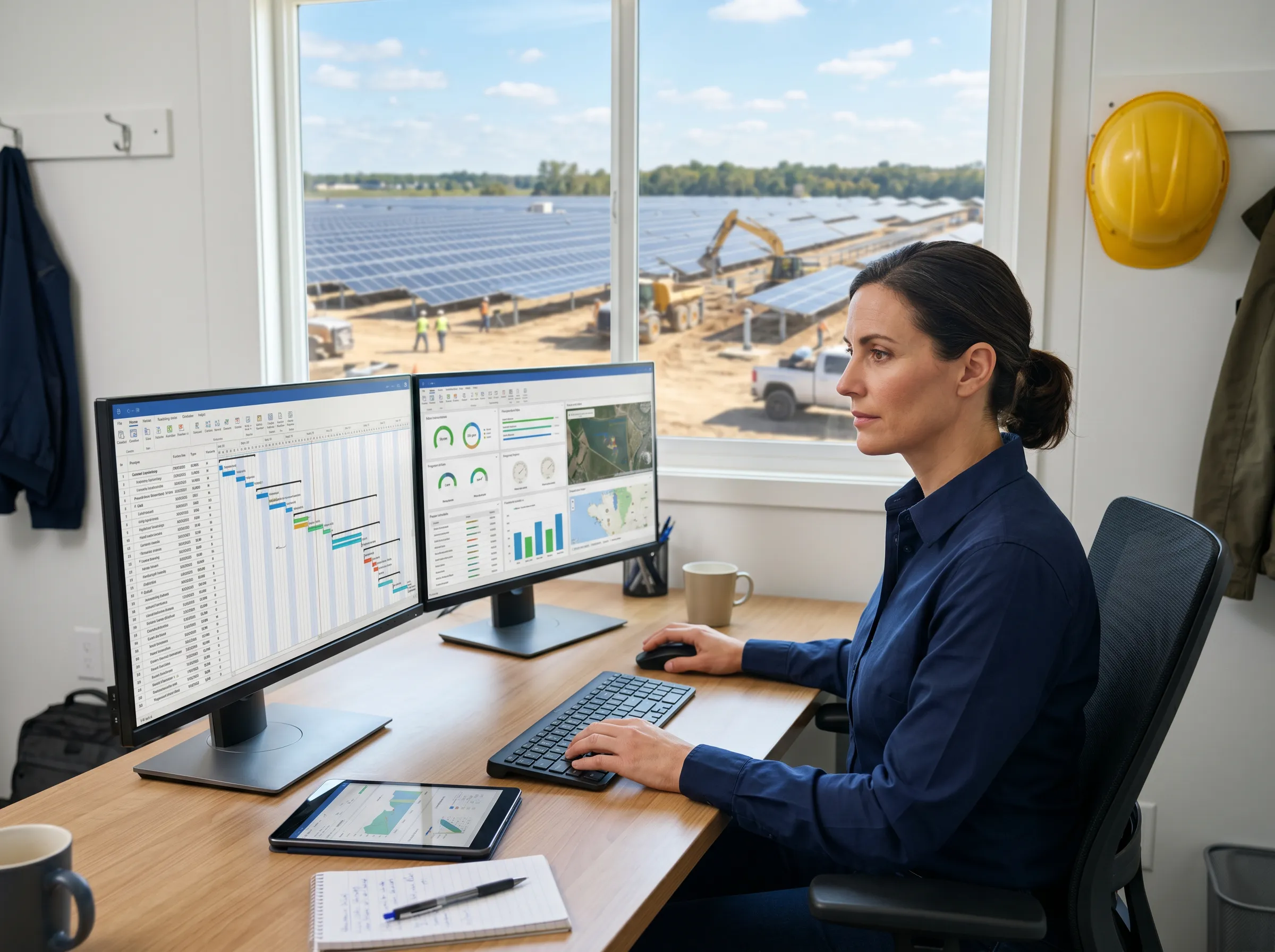A woman in a modern office sits at a desk, working on a computer displaying a solar asset portfolio dashboard with charts and data.