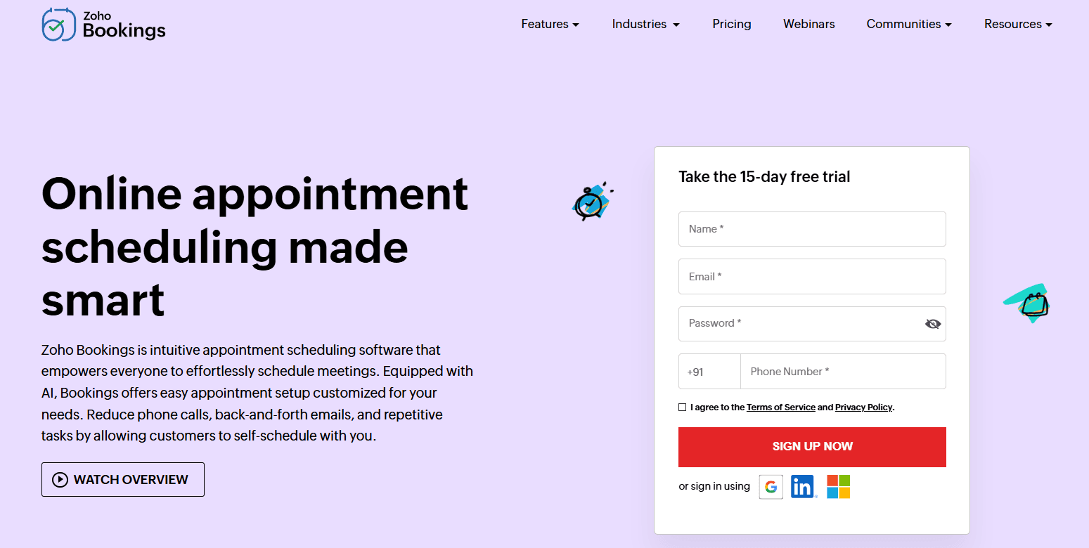 Homepage screenshot of Zoho Booking showcasing navigation bar and the hero section