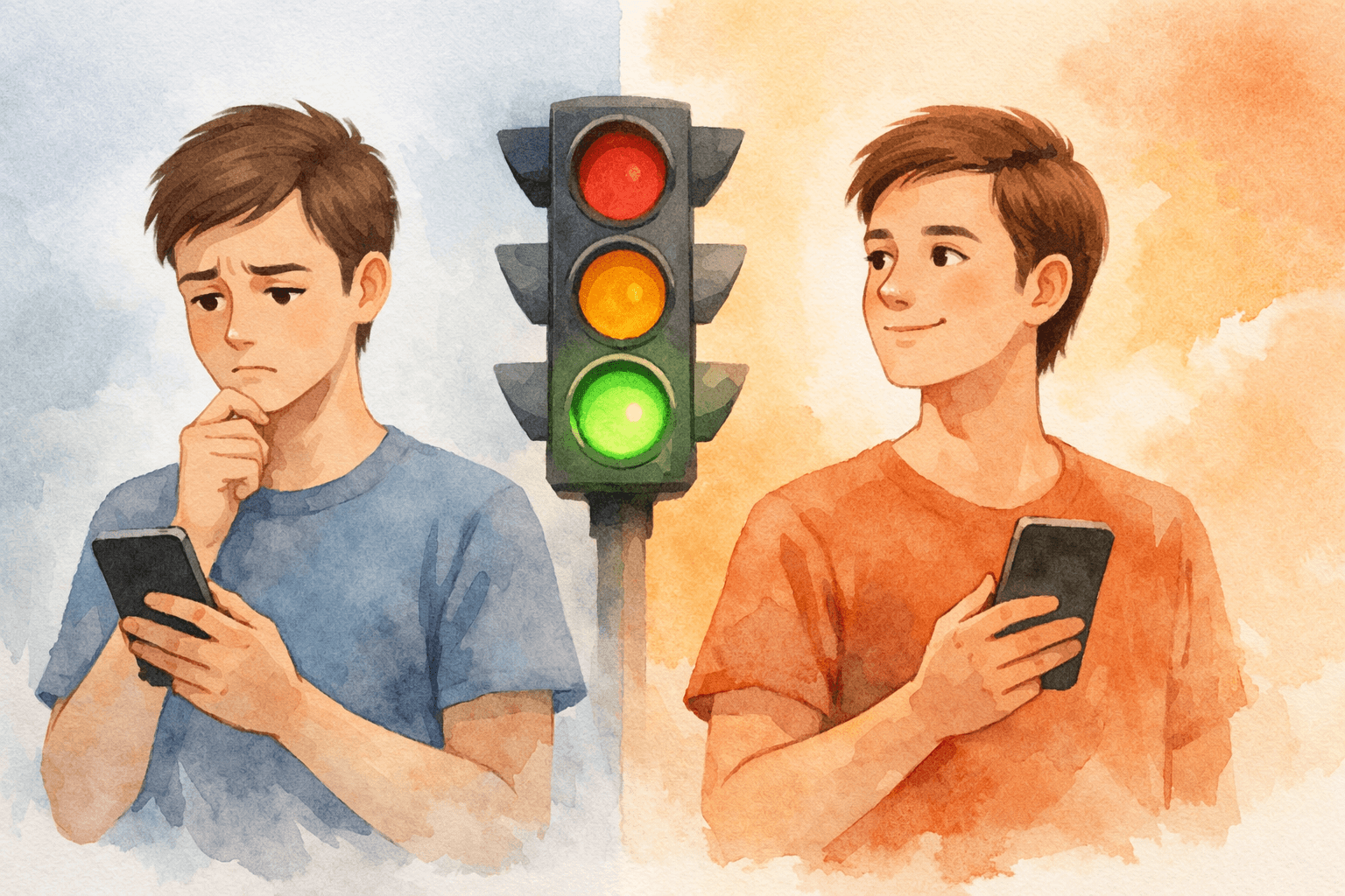 Ilustração em aquarela digital mostrando pessoa usando celular ao lado de semáforo verde, representando decisão estratégica ao acumular pontos no momento ideal.