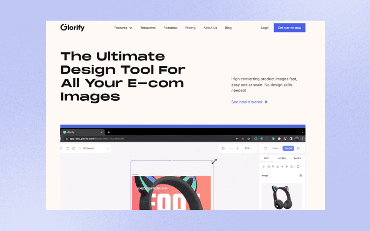 Glorify's homepage showing design options