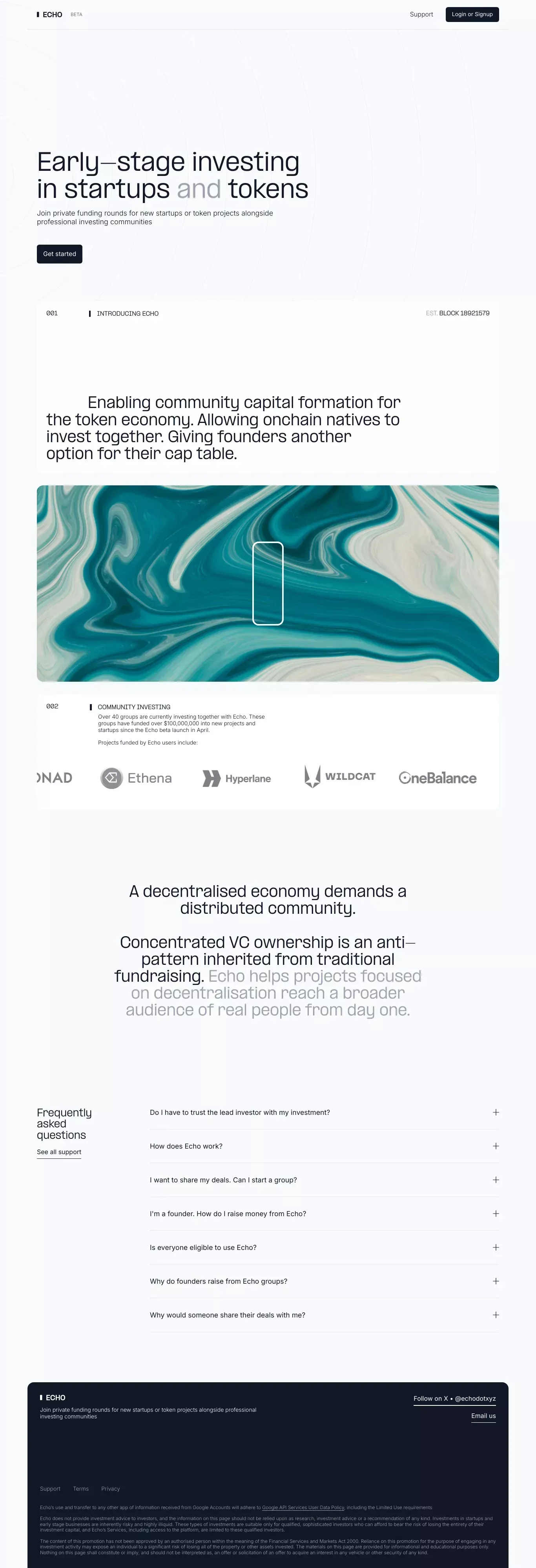Echo.xyz landing page screenshot showcasing Finance and Tech design