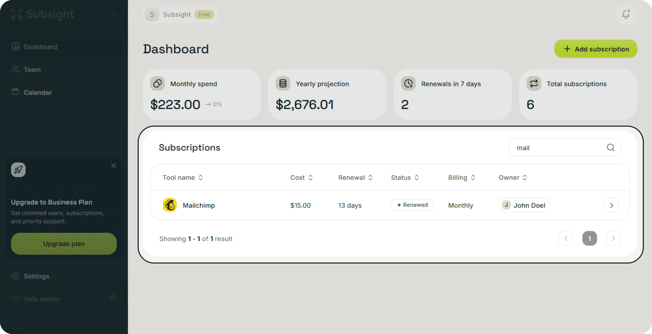 Subsight subscription table search bar filtering tools by name.
