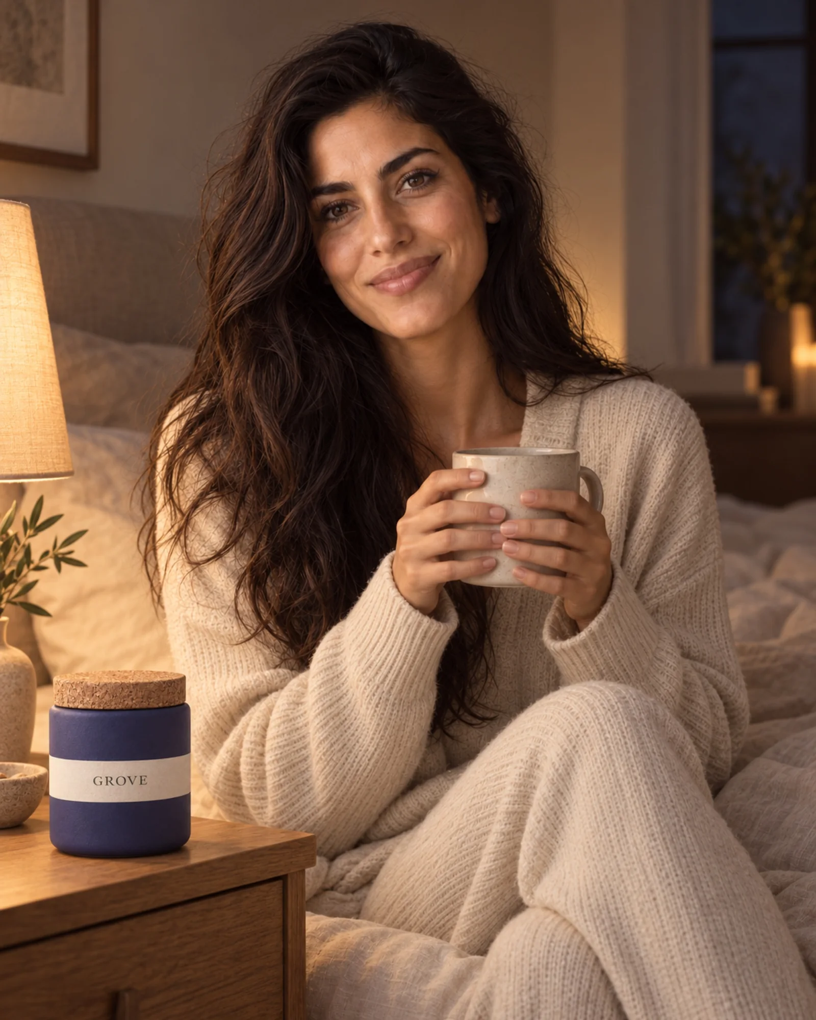 A woman in knit loungewear holding a mug in the evening, with the GROVE Sleep jar on the bedside table