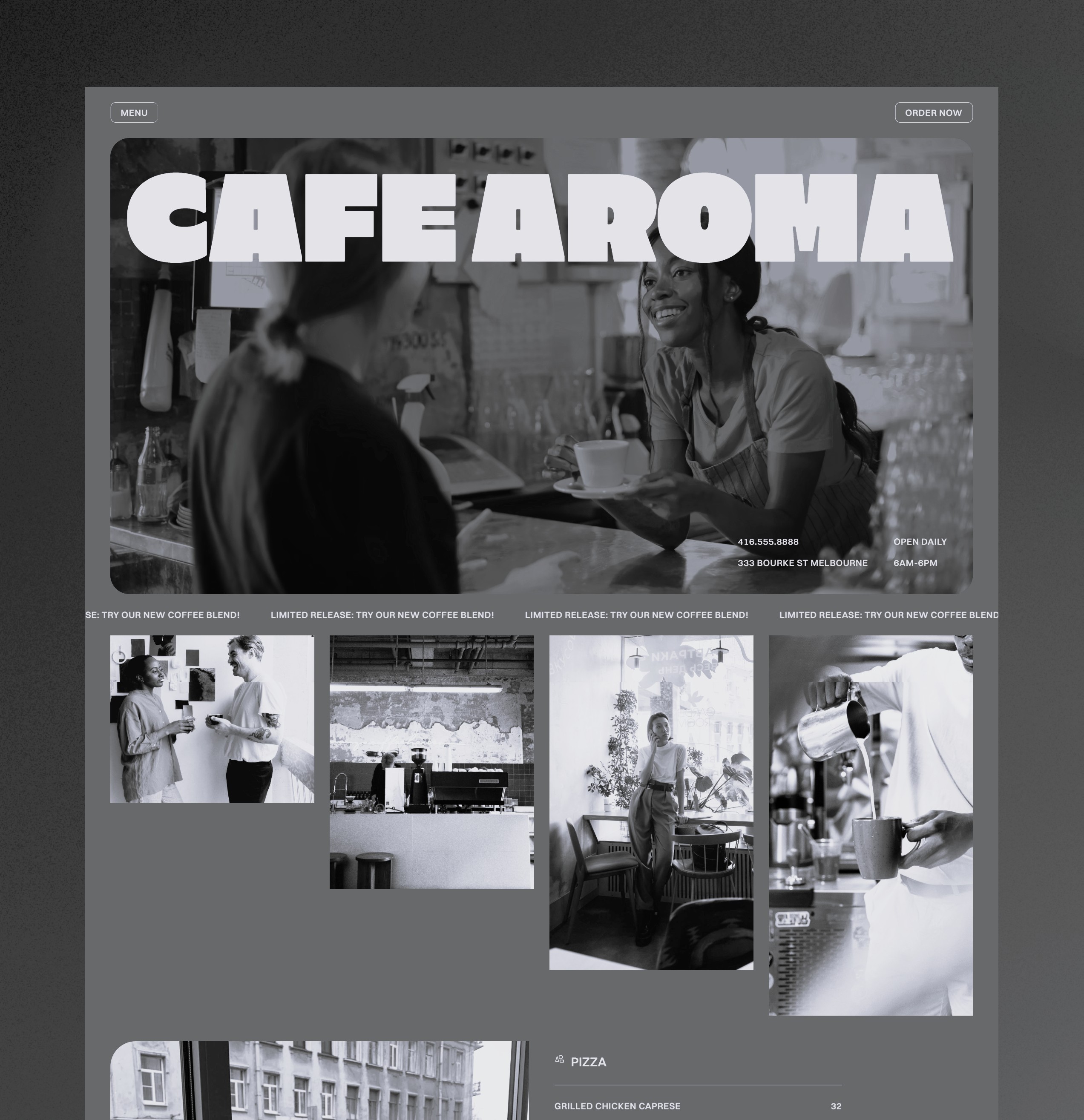 Website homepage for a café named Café Aroma, featuring large bold text and a grid of lifestyle coffee shop images below.\