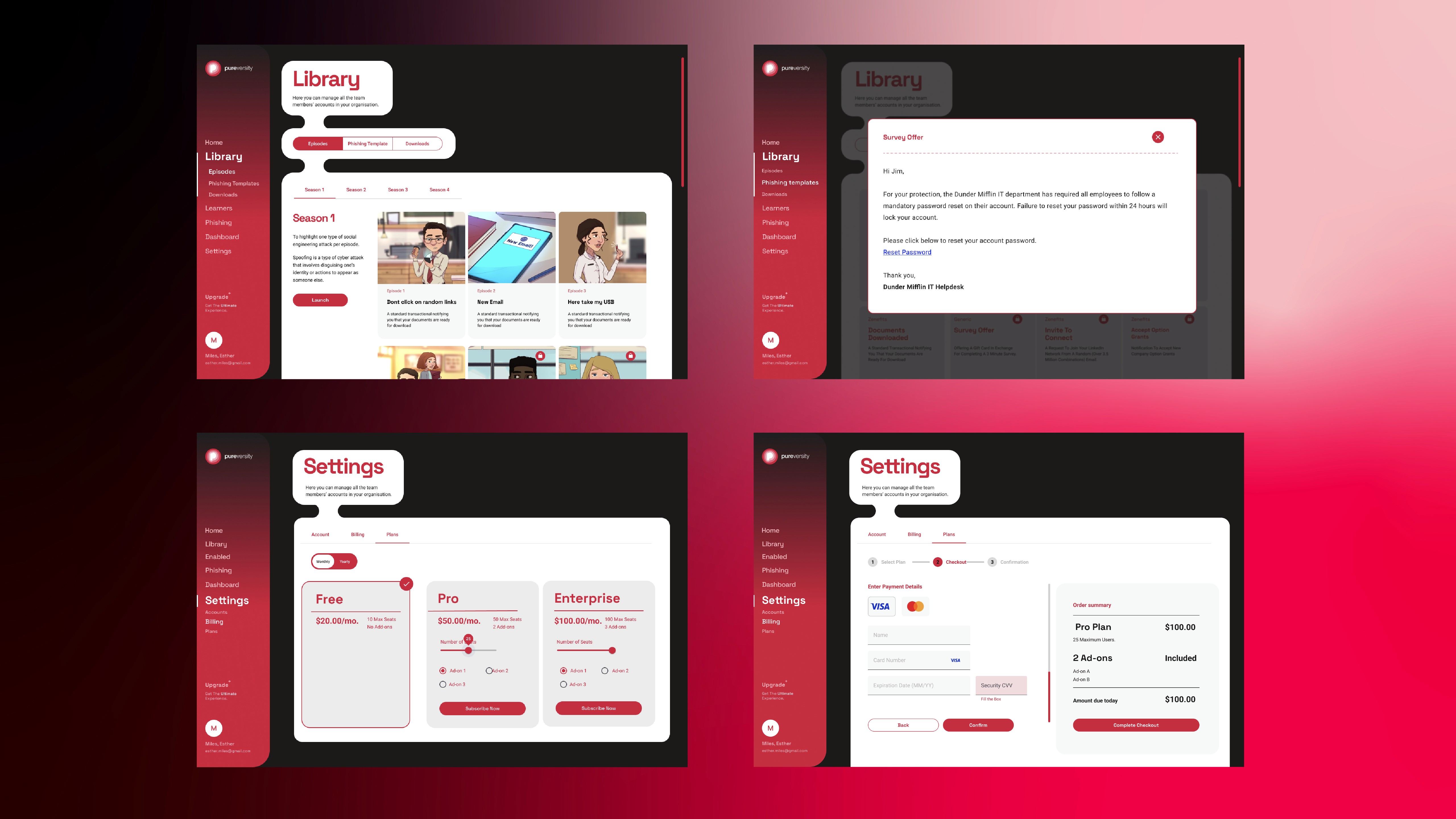 Core platform flows including Home, phishing email simulations, Pricing, and Payment screens, designed for clarity, ease of use, and scalability.