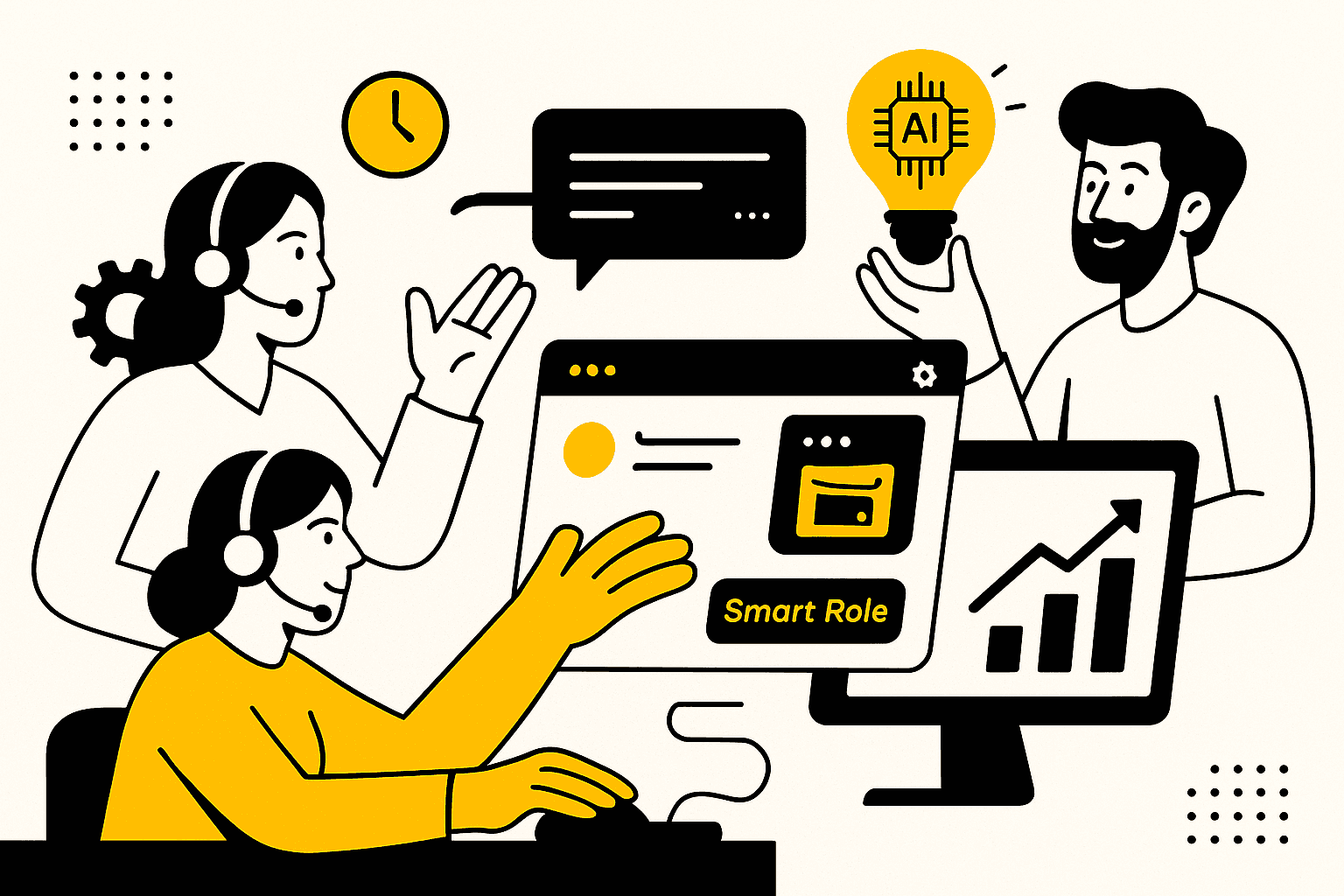 Playful illustration of three diverse customer service agents using AI-powered simulation tools. One types at a laptop showing a chat interface, another holds a glowing AI lightbulb, and the third gestures toward a dashboard with a performance chart.