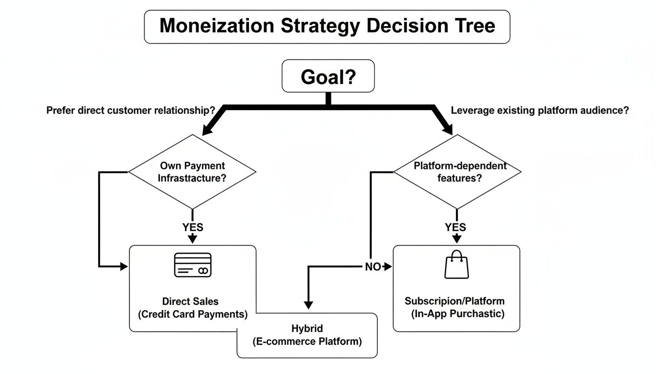 A monetization strategy decision tree flowchart guiding choices based on customer relationships and platform.