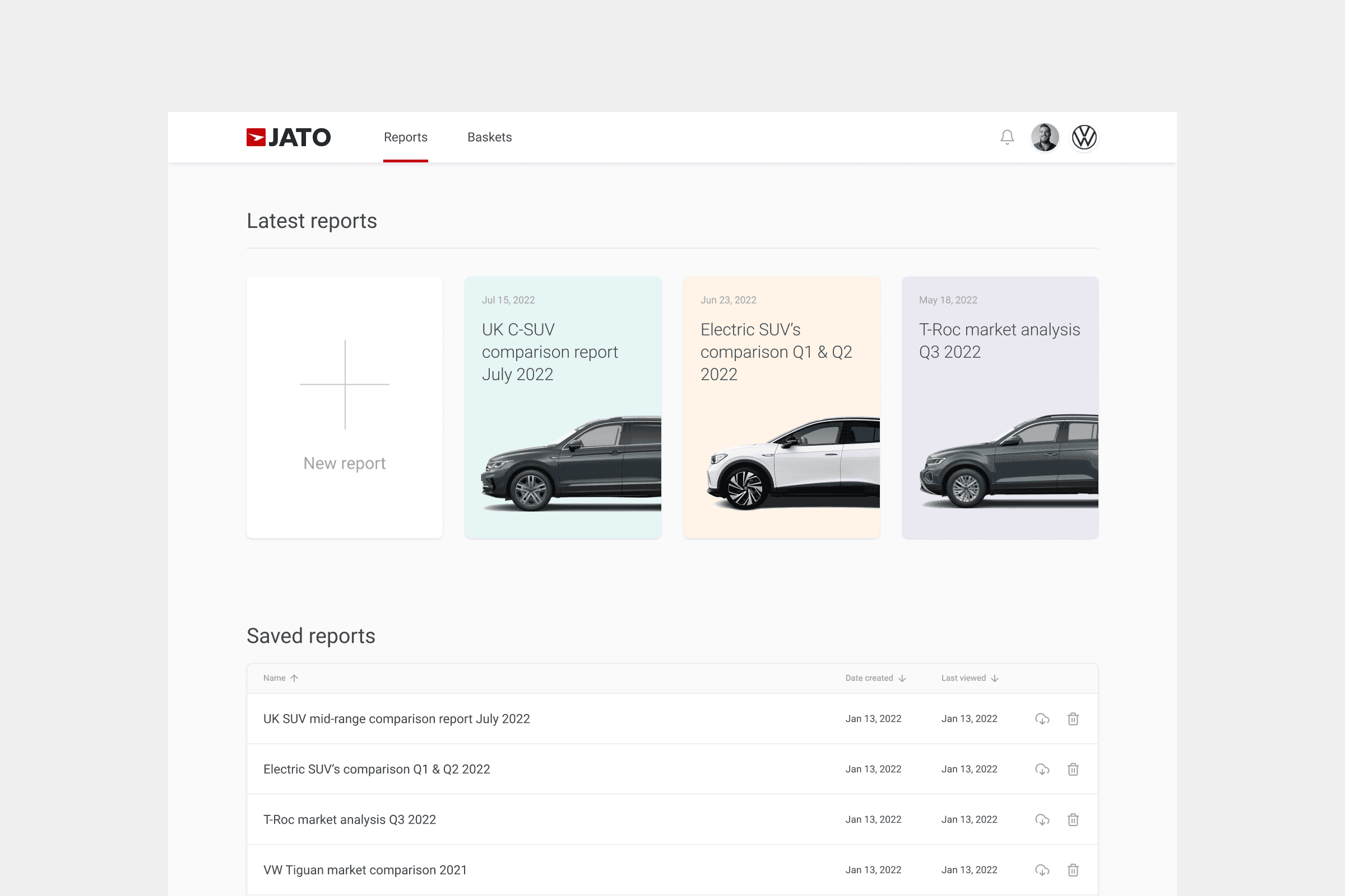JATO reports dashboard with latest report cards for UK C-SUV, Electric SUV and T-Roc comparisons, plus saved reports table