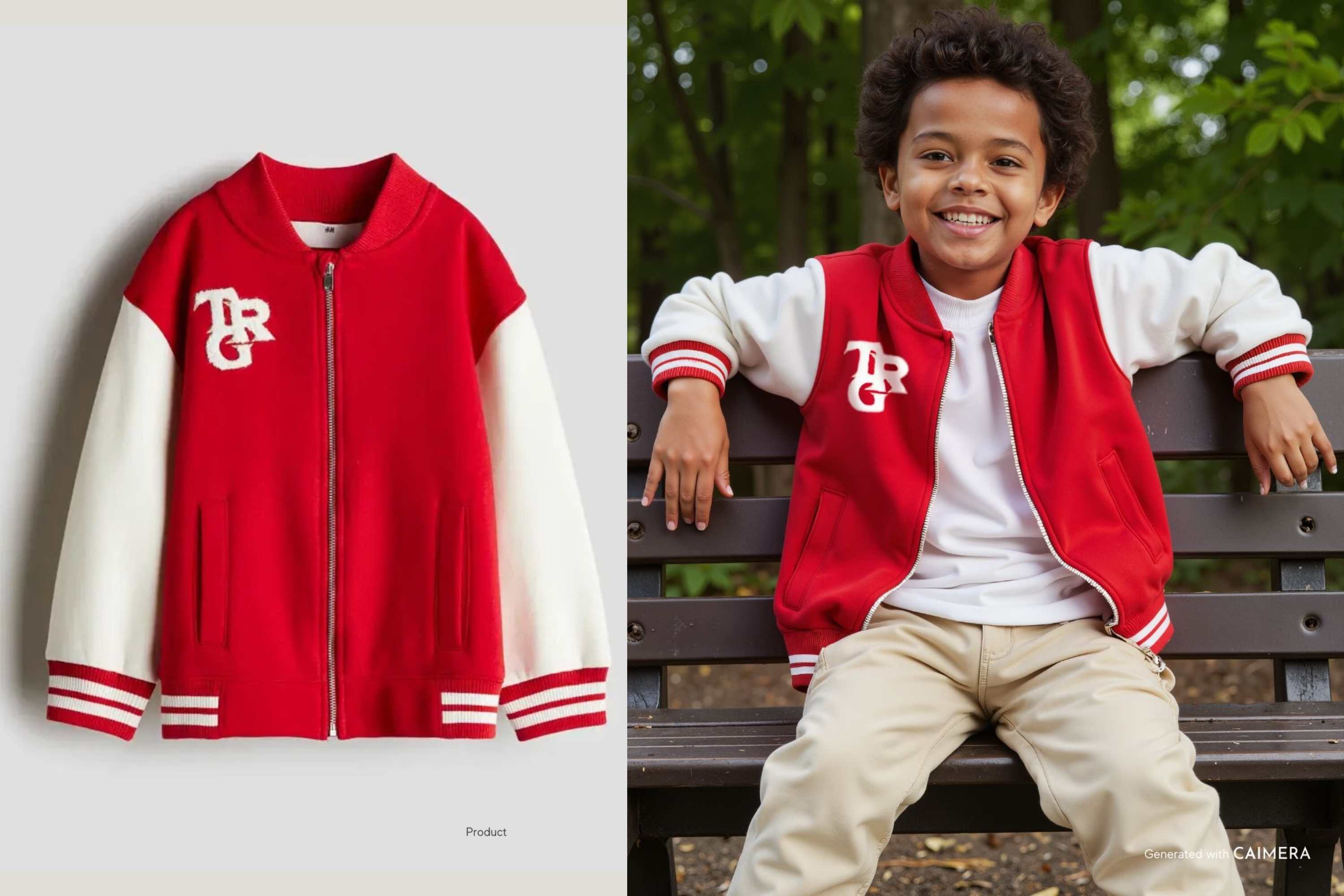 Boy in red bomber jacket with cream sleeves sitting on a park bench