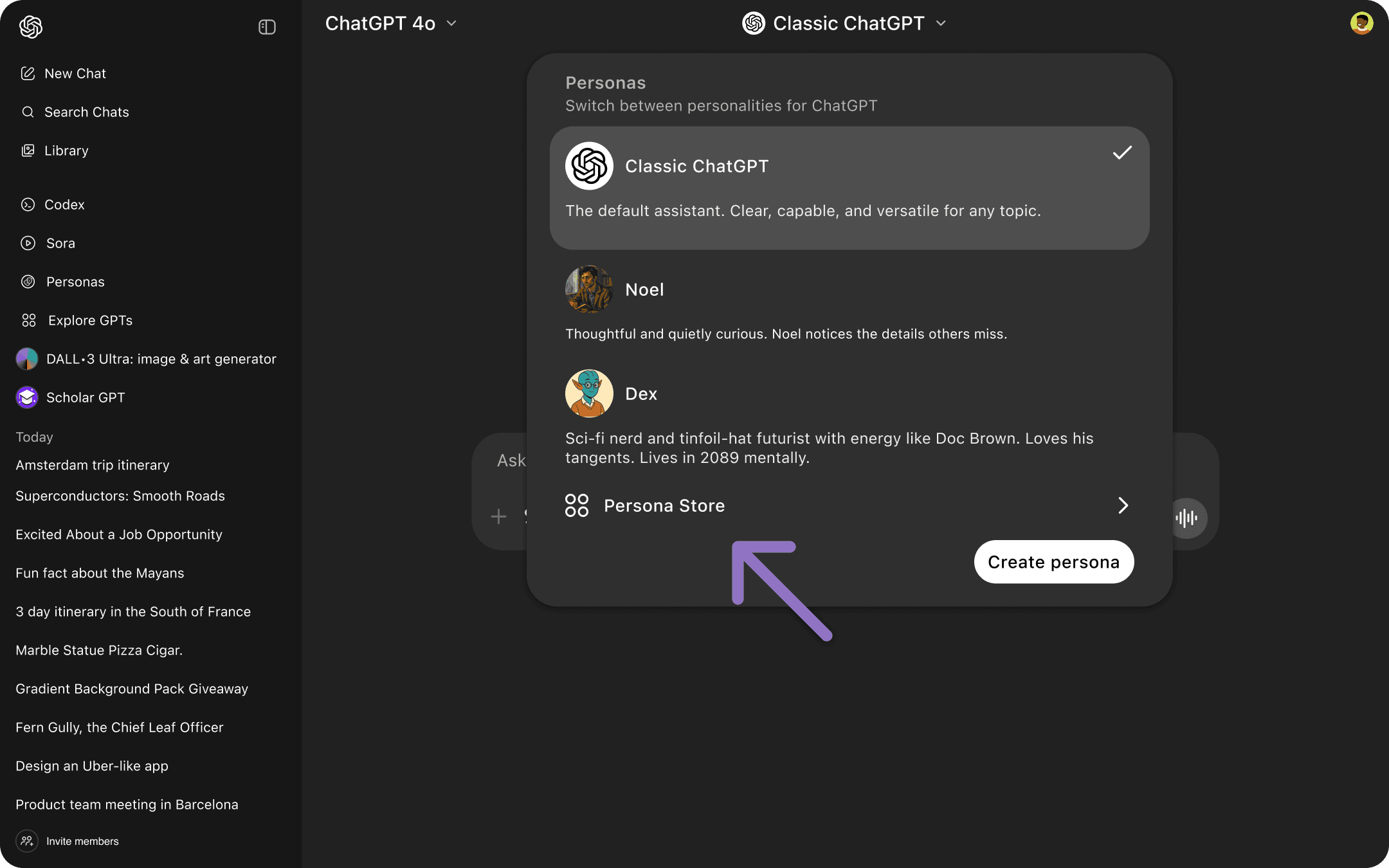Screenshot of the persona switcher panel open with an arrow pointing at the "Persona Store" button.