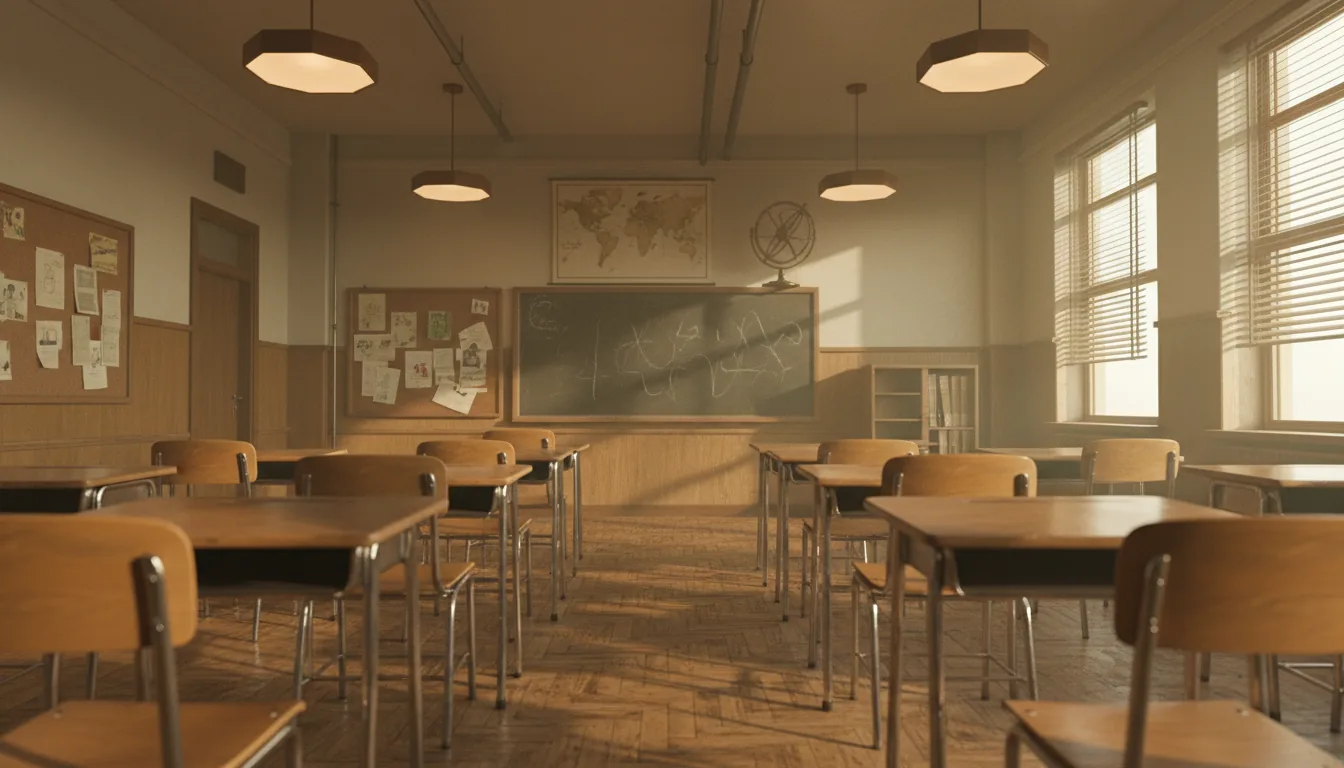 Hyperrealistic 3D render of a vintage mid-century classroom, Blender Eevee style. The scene is empty, viewed from a student's perspective in the back row looking towards the blackboard. Soft global illumination with bright, diffuse daylight streaming through large windows with venetian blinds on the right wall, complemented by warm interior light from overhead octagonal fixtures. The room is filled with rows of wooden desks with metal frames on a parquet floor. Details include a blackboard with abstracted chalk writing, cork bulletin boards with papers, a vintage map on the wall, and exposed ceiling pipes. Muted, warm color palette. Shallow depth of field, photorealistic textures.